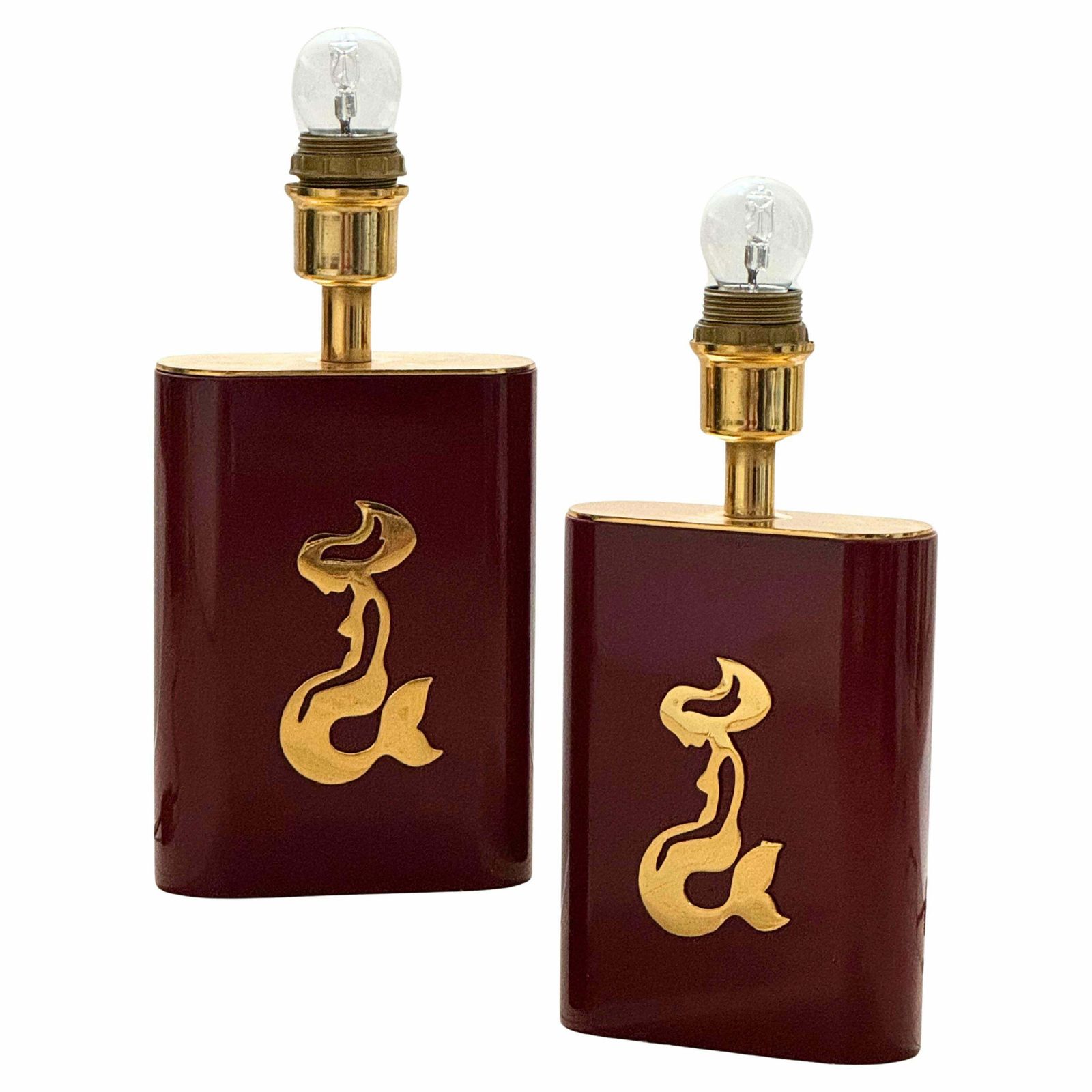Pair Of Table Lamps In Red Lacquer & Brass Made In Belgium Circa 1970s