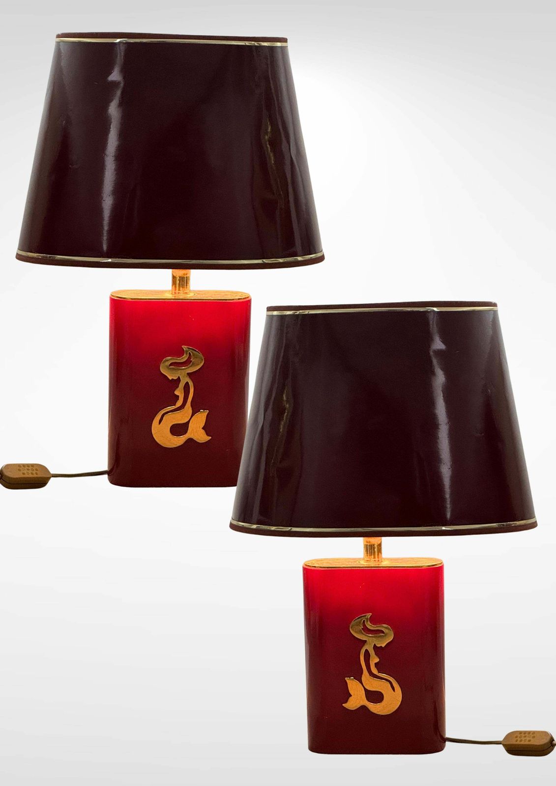 Pair Of Table Lamps In Red Lacquer & Brass Made In Belgium Circa 1970s photo for sale
