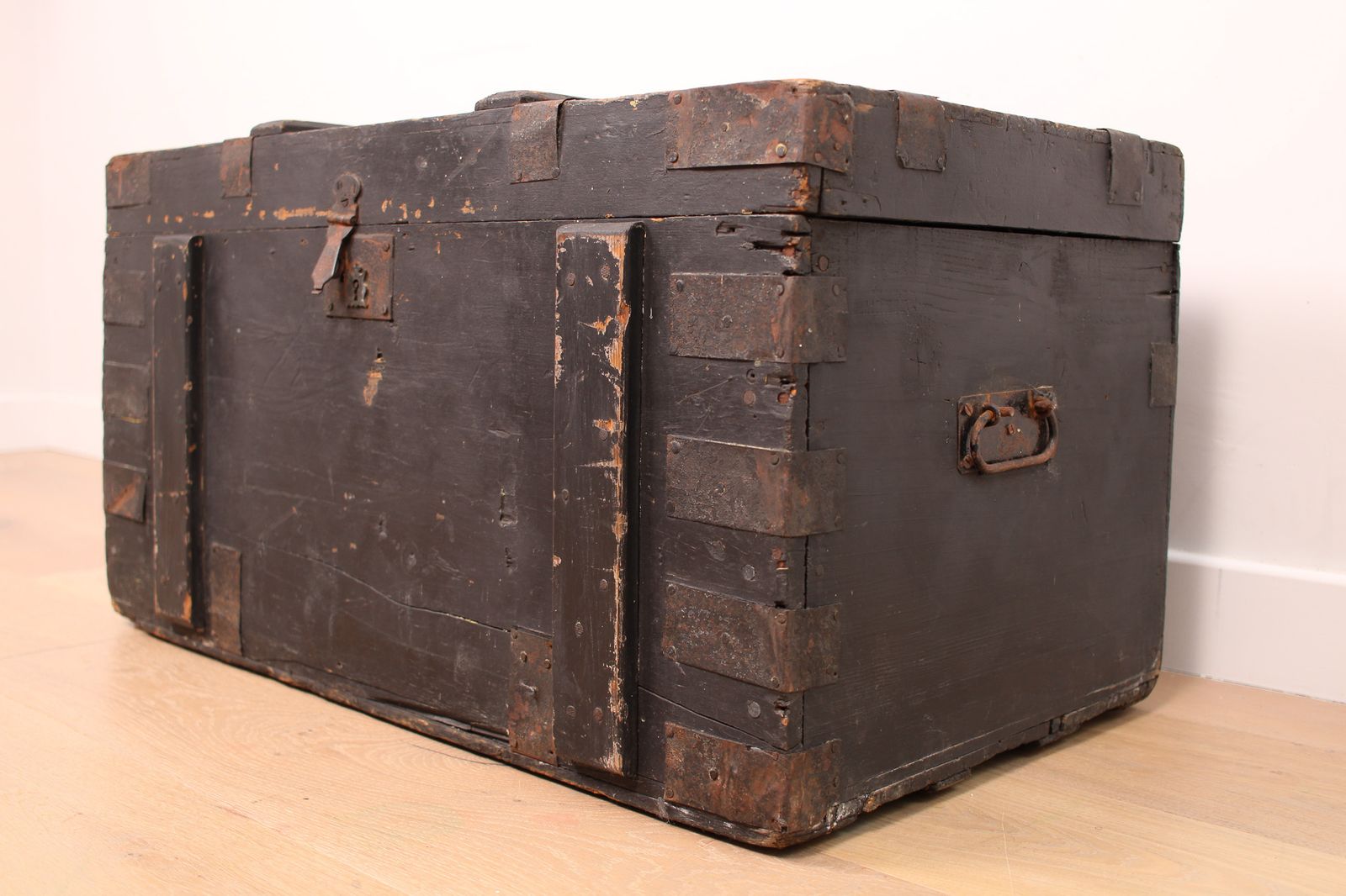 A Vintage Black Wooden Trunk With Hinged Lid   Blanket Box   Log Storage