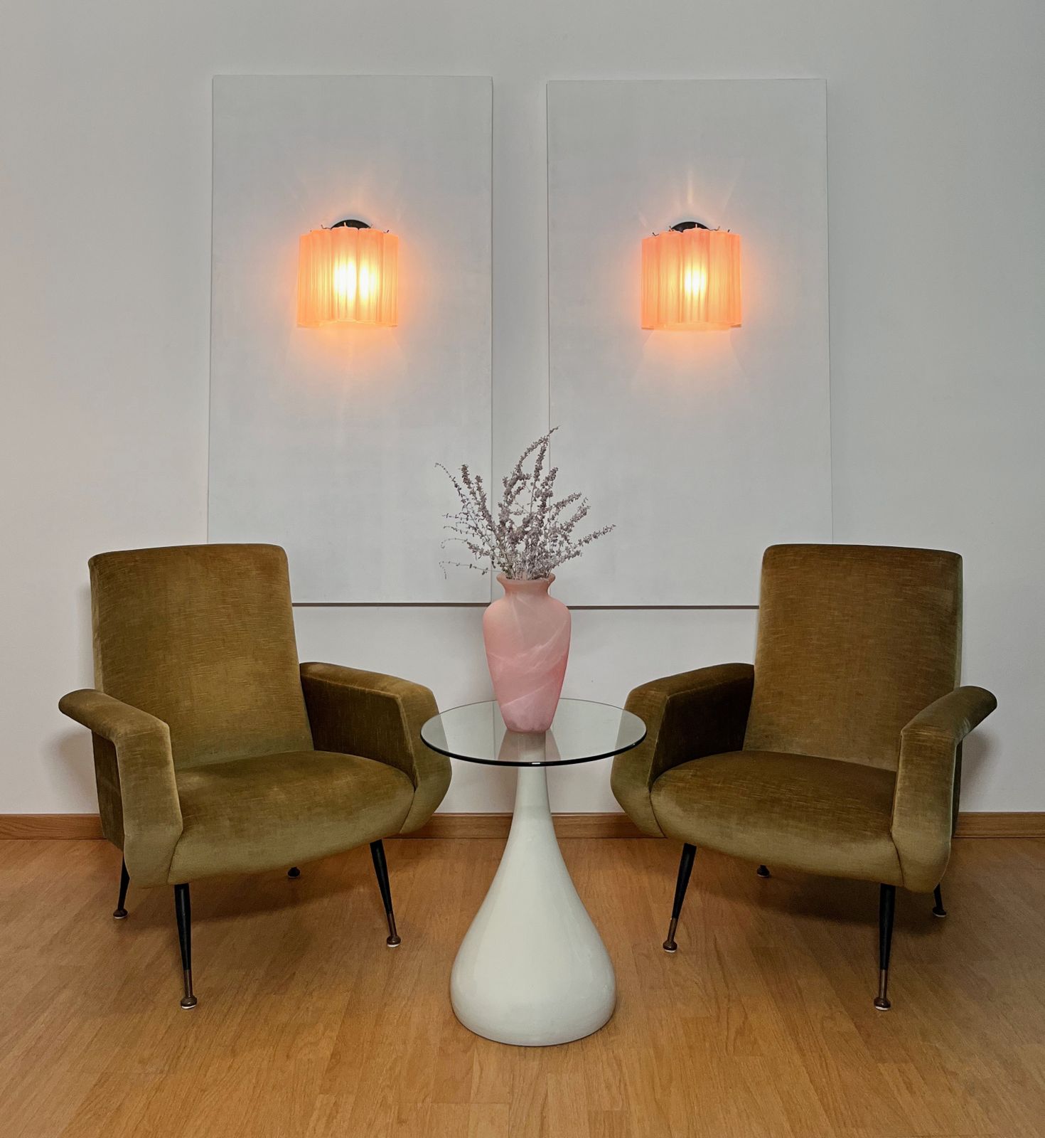 Fantastic Pair Of Murano Glass Tube Wall Sconces   5 Pink Etched Glass Tube photo buy