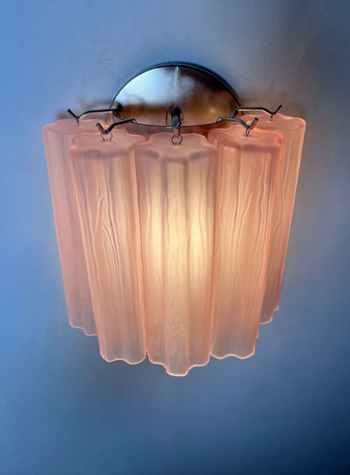 photo vinterior Fantastic Pair Of Murano Glass Tube Wall Sconces   5 Pink Etched Glass Tube