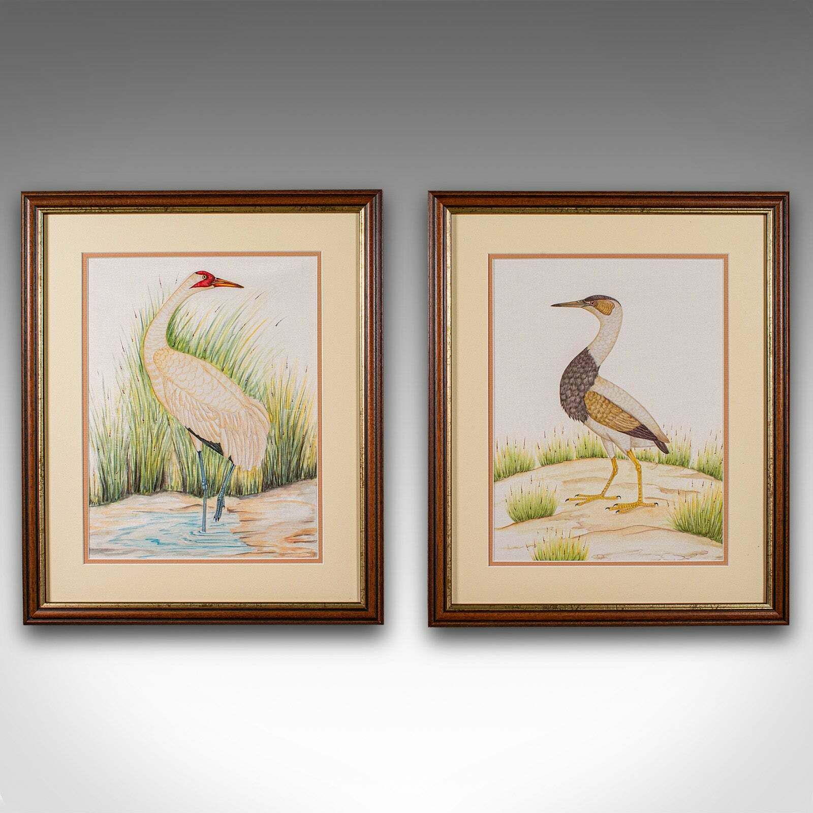 Pair Of Antique Bird Paintings, English, Framed Silk Art, Ornithology, Victorian photo furniture