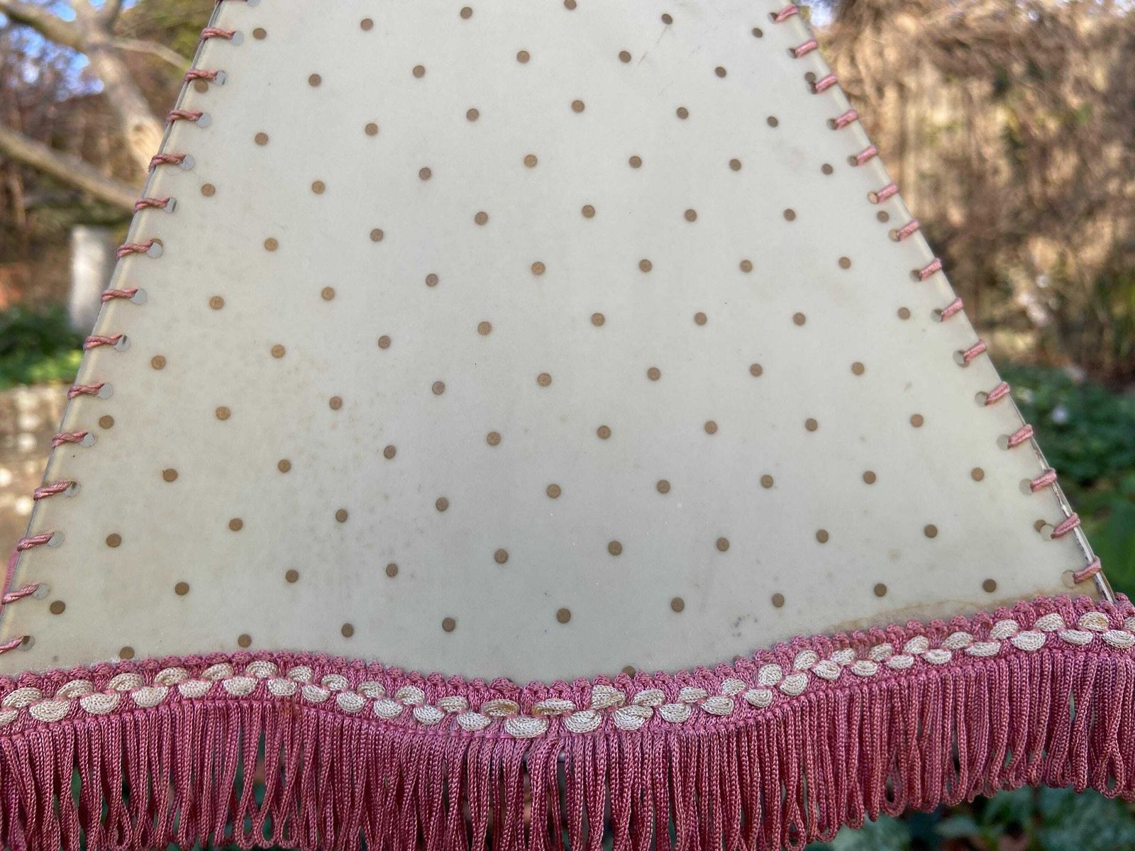 Vintage 1920s Cream Mica Or Celluloid Table Lamp Shade With Gold Polka Dots, Pink Thread, And Fringe – Unusual Shape With Curved Sides photo furniture