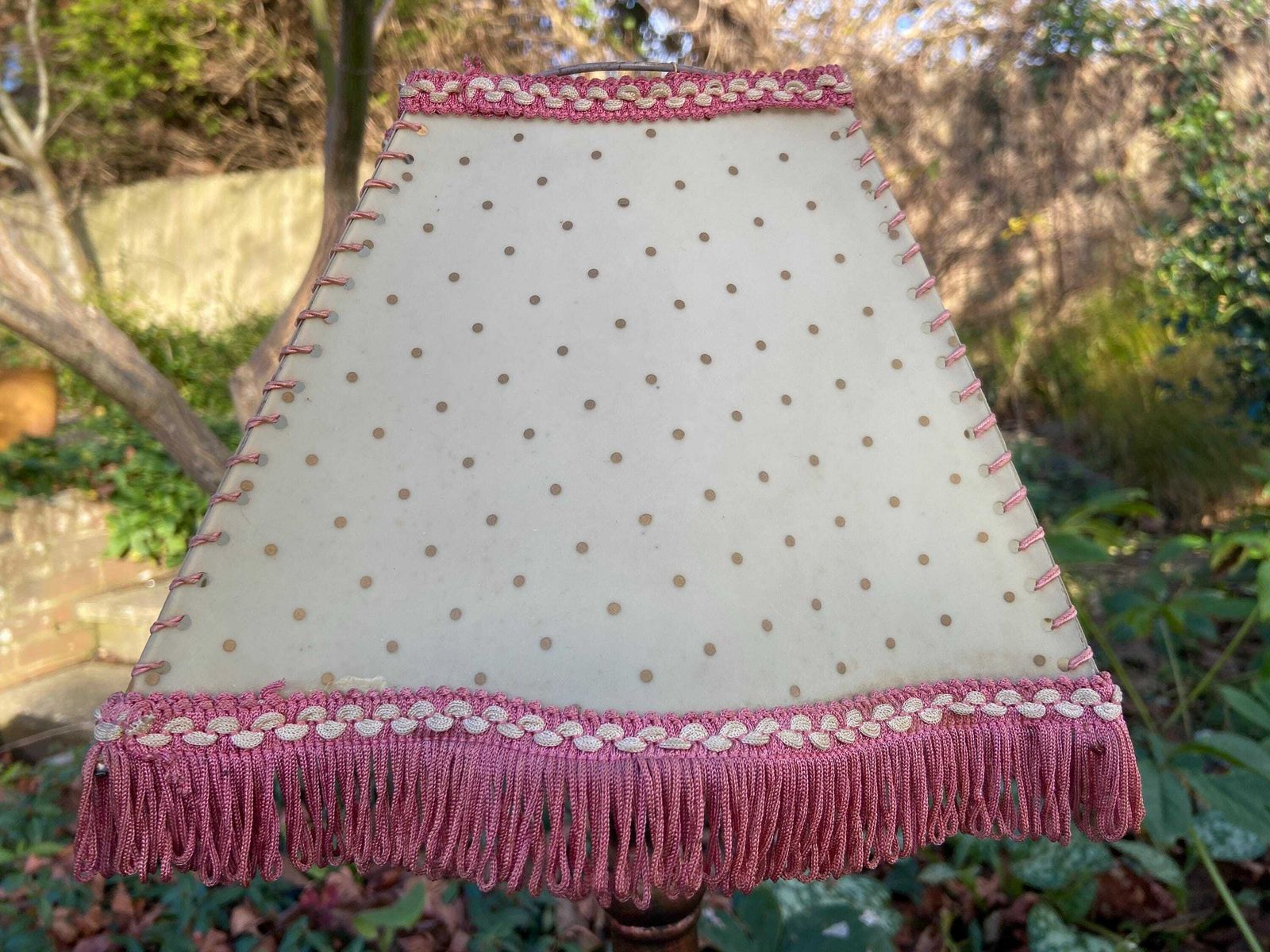 Vintage 1920s Cream Mica Or Celluloid Table Lamp Shade With Gold Polka Dots, Pink Thread, And Fringe – Unusual Shape With Curved Sides photo Lighting