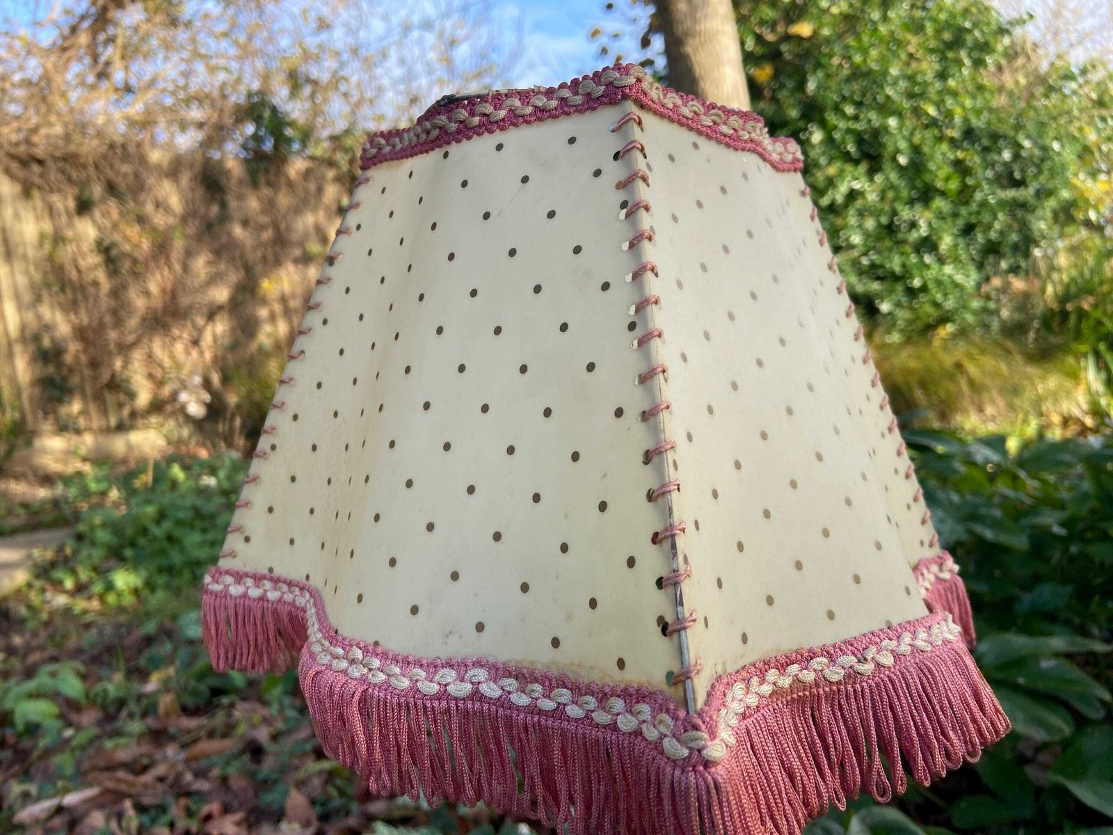 photo furniture Vintage 1920s Cream Mica Or Celluloid Table Lamp Shade With Gold Polka Dots, Pink Thread, And Fringe – Unusual Shape With Curved Sides