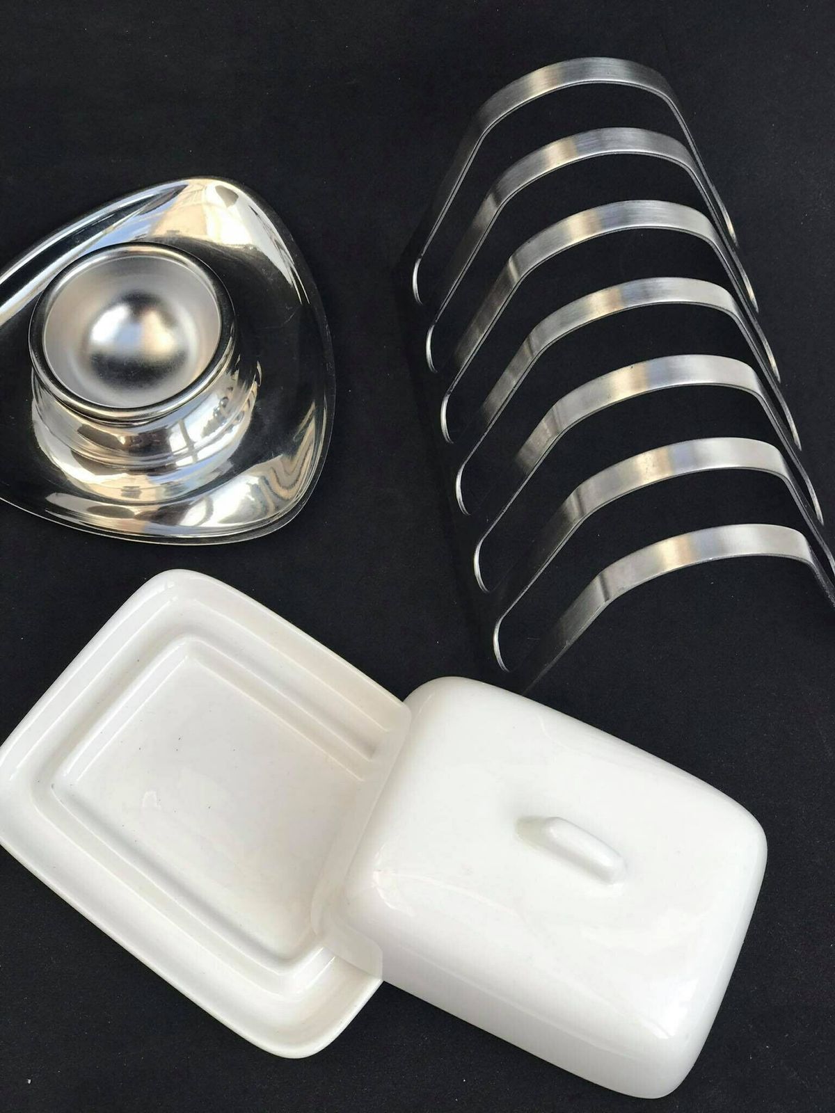 Egg Cups Breakfast Set For Two Alessi Stainless Steel Toast Rack And 2 Alessi Alfra Egg Cups Modernist Minimalist photo vintage
