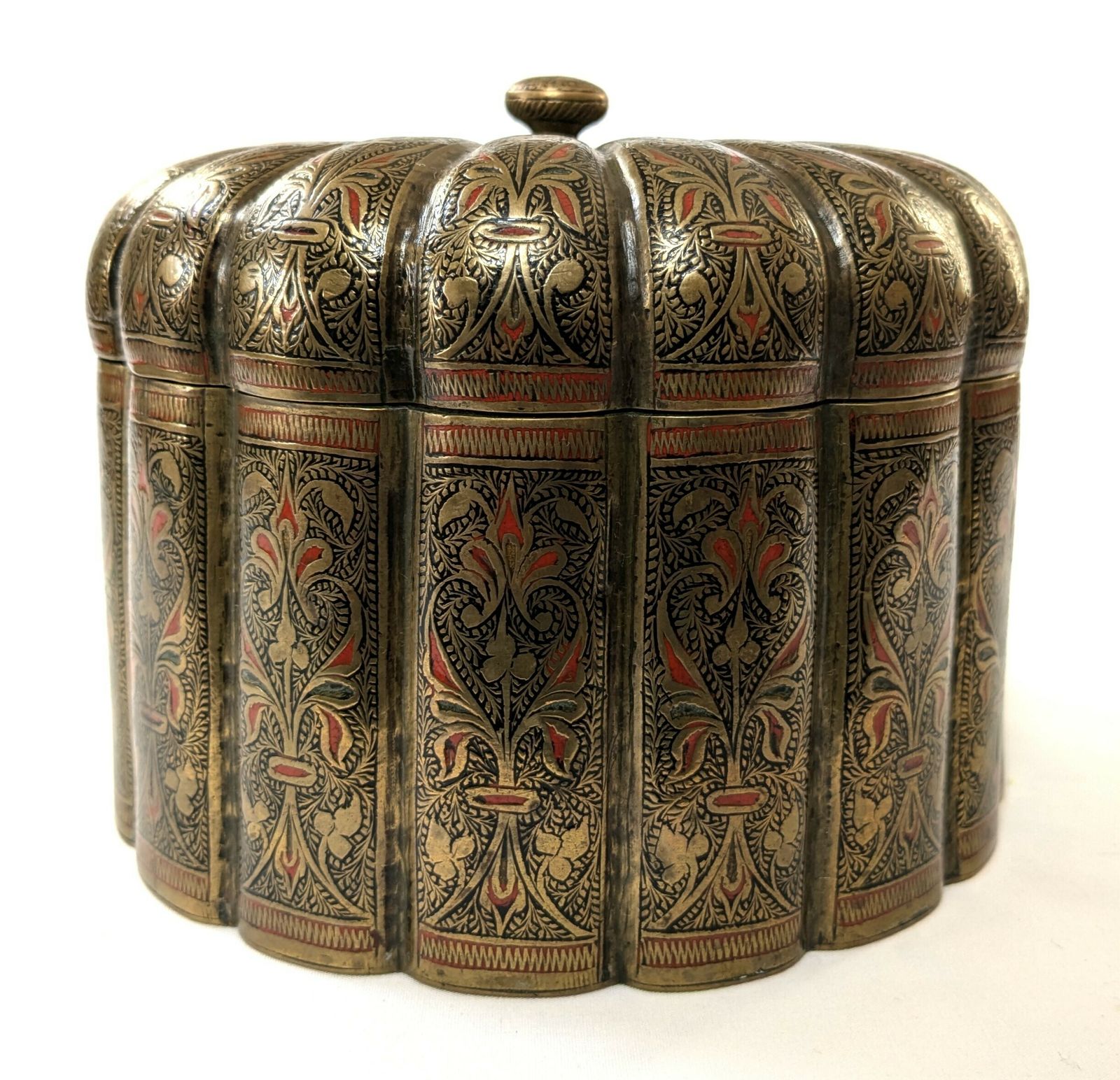 Antique Islamic Indian Mughal Style Engraved Brass Betalnut Pandan Box photo for sale