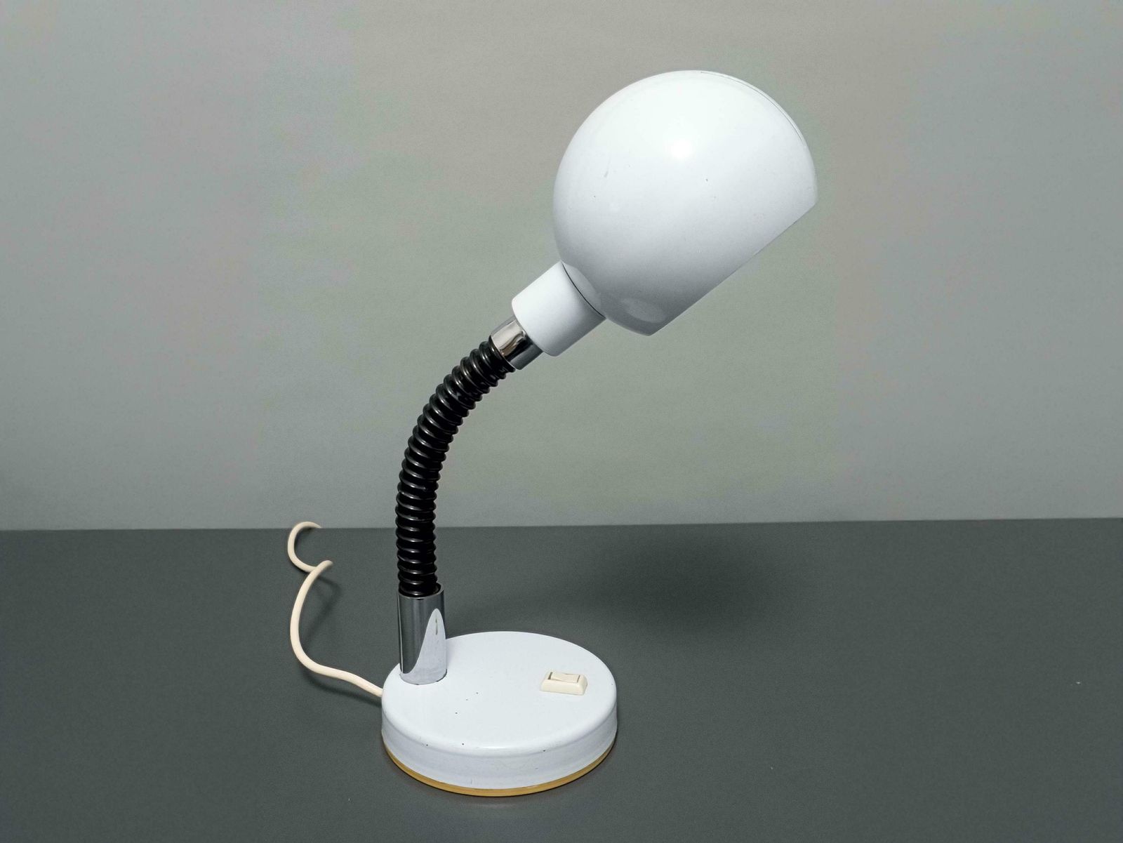 White Black And Chrome Eye Ball Vintage Mid Century Goose Neck Desk Lamp, 1970s: Stylish Illumination For Home Decor photo for sale