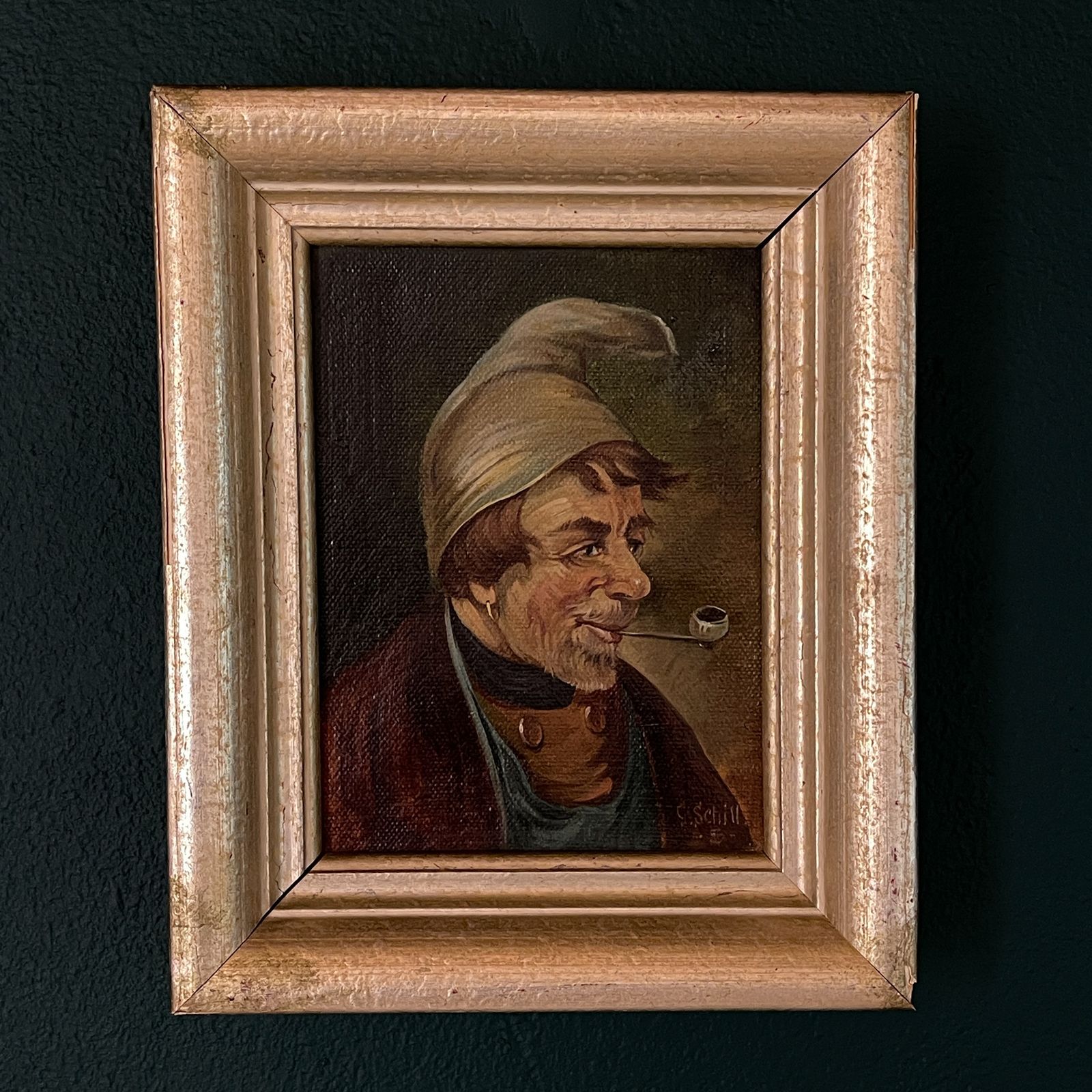 photo vinterior Antique Painting Portrait "Man In A Nightcap With A Pipe" By G. Schill, Canvas, Oil, 1930s