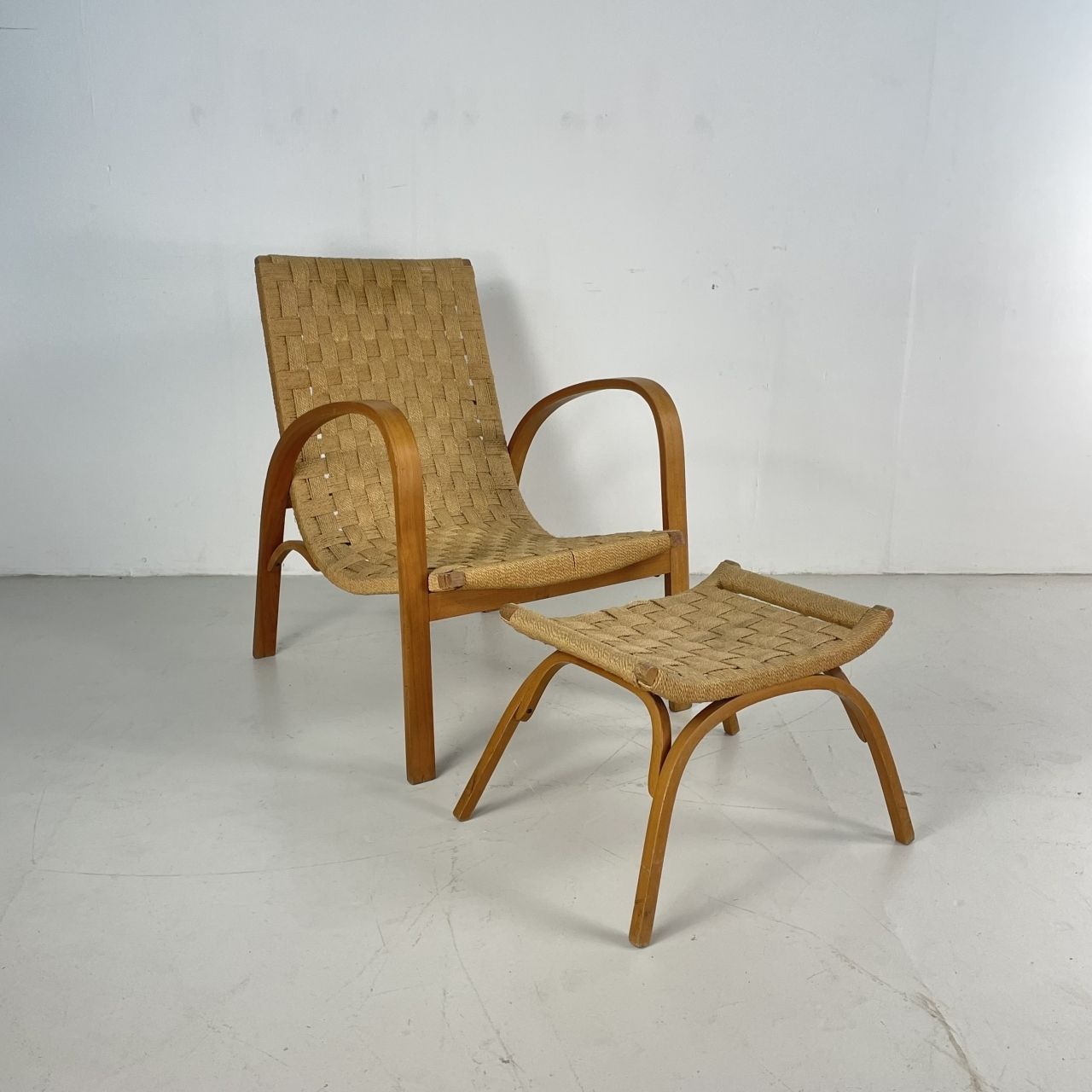 Mid Century Italian Wood And Chord Lounge Chair With Ottoman