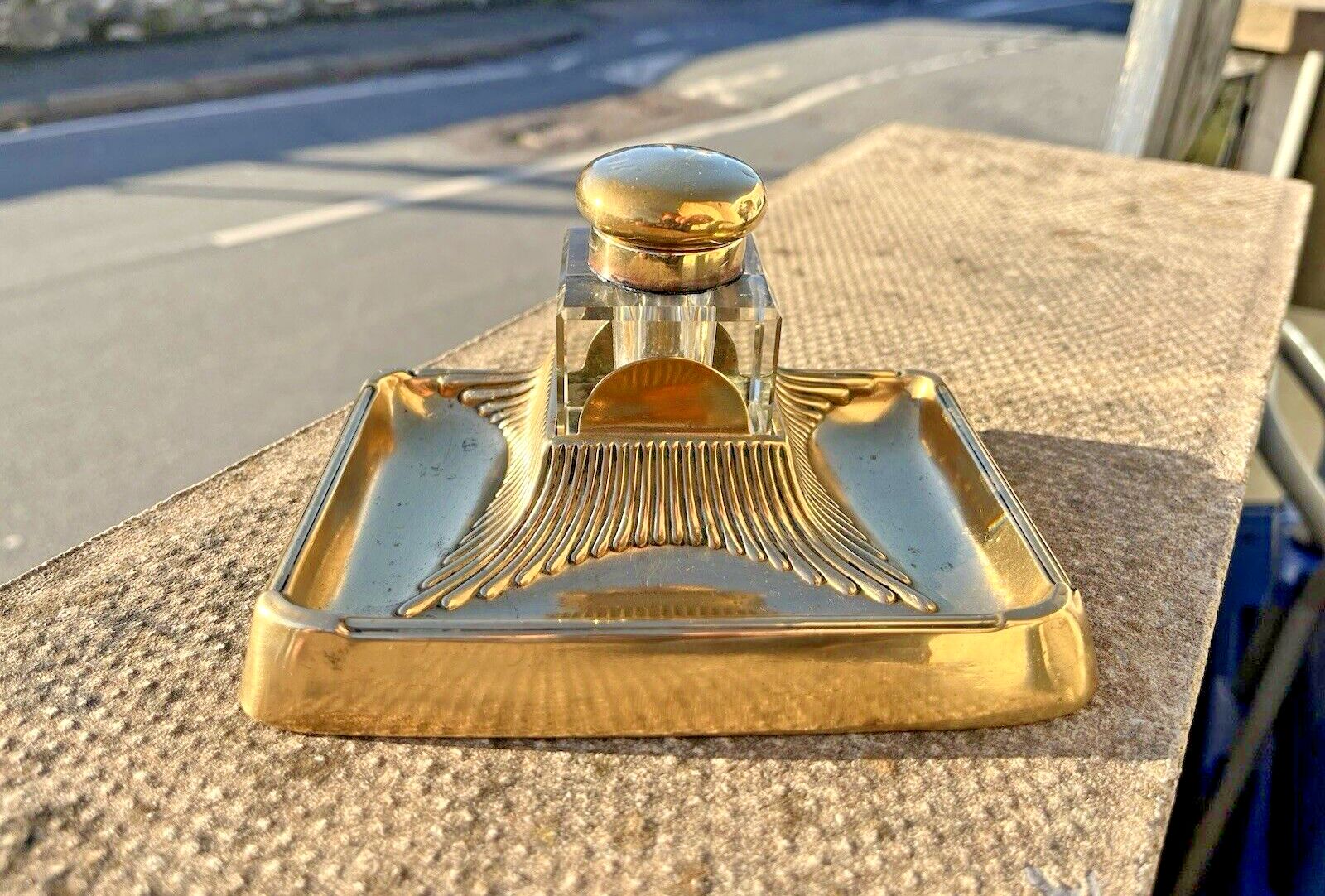 Antique Art Nouveau Jugendstil Brass Inkwell & Glass Liner Pot German Austrian