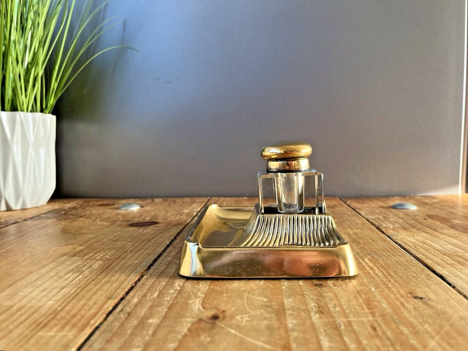 Antique Art Nouveau Jugendstil Brass Inkwell & Glass Liner Pot German Austrian photo Home Decor