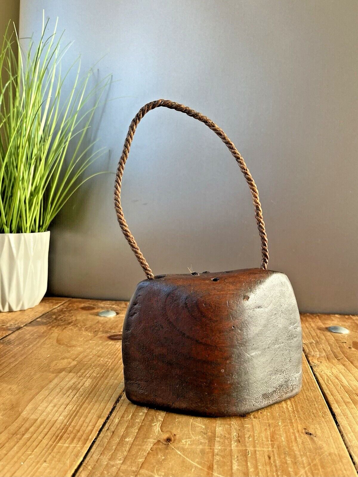 Antique C1900 Primitive Wooden Hand Carved Cow Bell Ringer Alpine Rustic Farm photo for sale