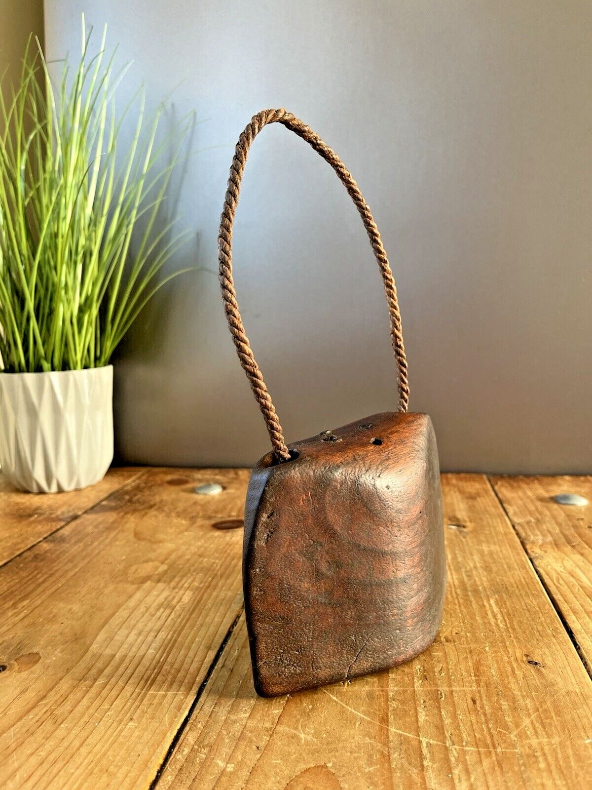 Antique C1900 Primitive Wooden Hand Carved Cow Bell Ringer Alpine Rustic Farm photo Home Decor
