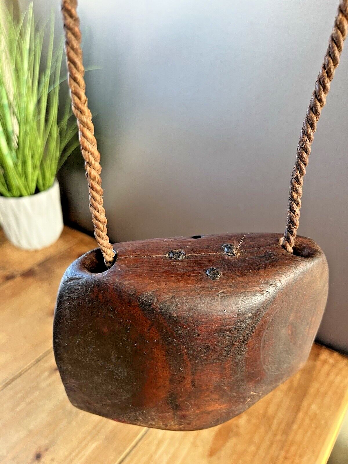 photo furniture Antique C1900 Primitive Wooden Hand Carved Cow Bell Ringer Alpine Rustic Farm
