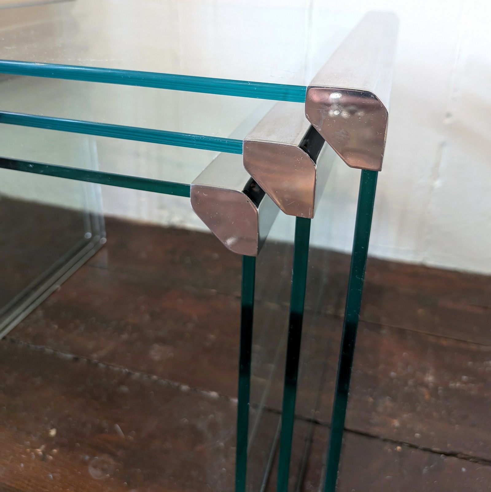Set Of 3 Vintage Glass & Steel Nesting Coffee Tables By Galotti & Radice Italy 1970s photo buy