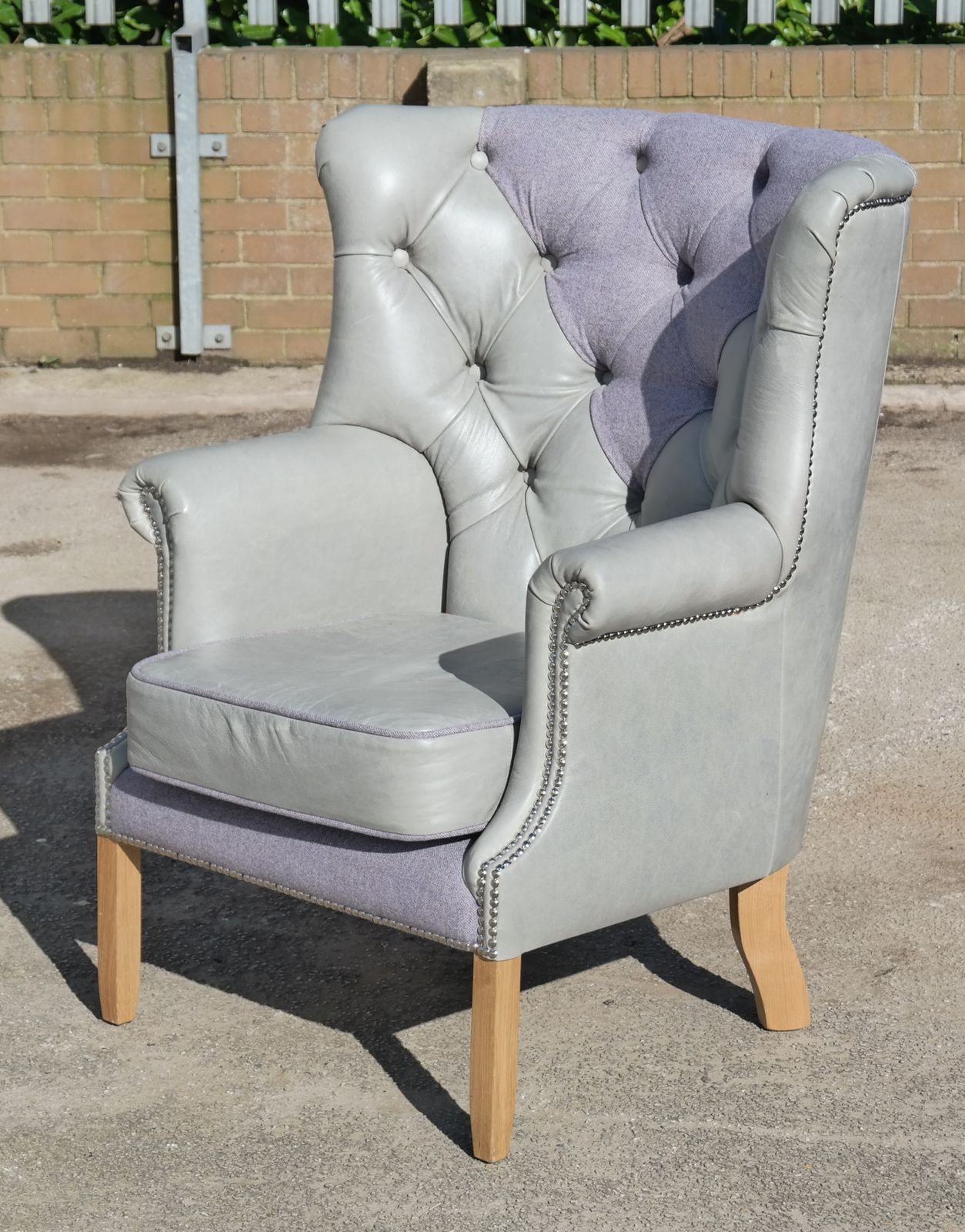Superb Tetrad Mackenzie Leather & Tweed Chesterfield Armchair Grey