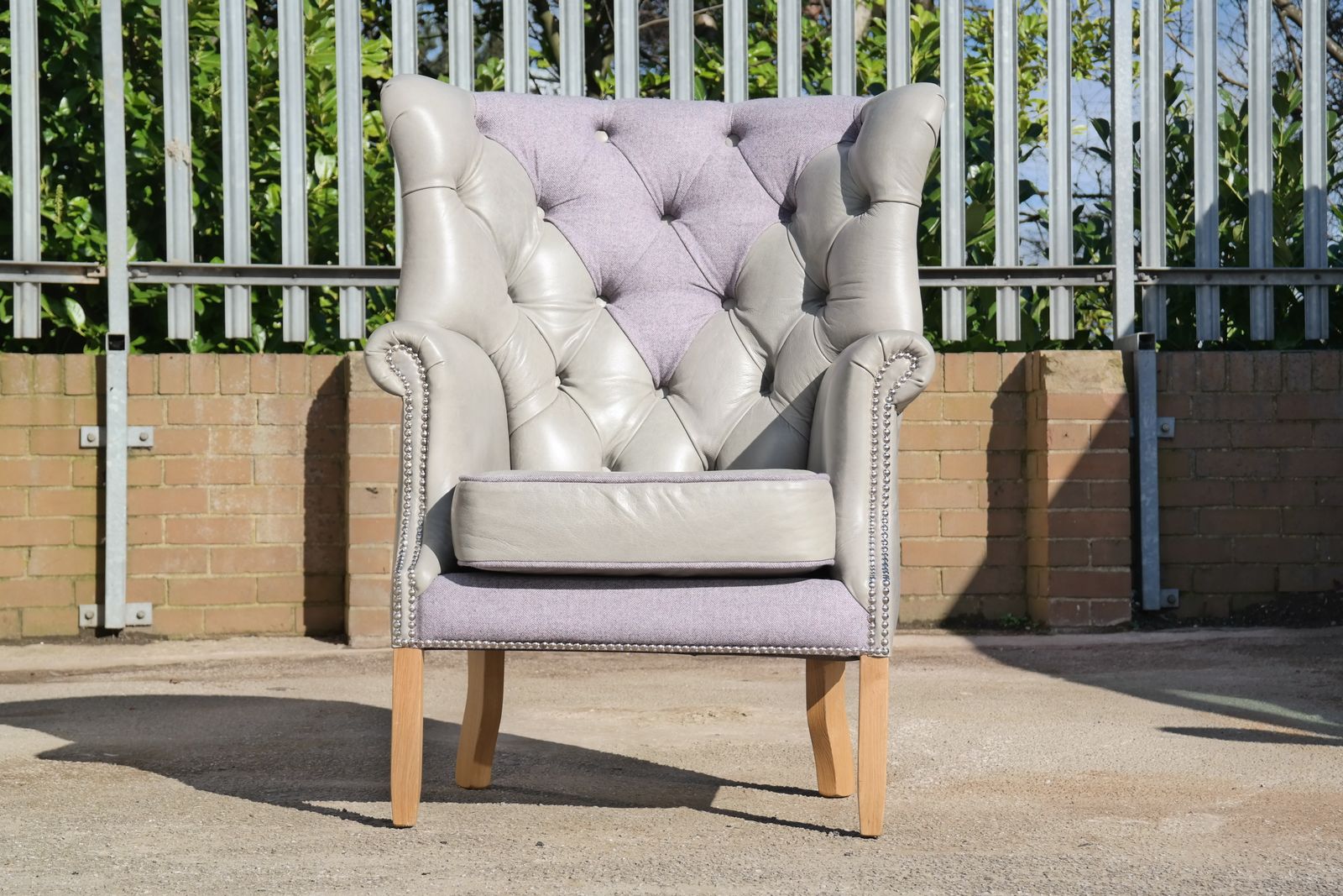 Superb Tetrad Mackenzie Leather & Tweed Chesterfield Armchair Grey photo furniture