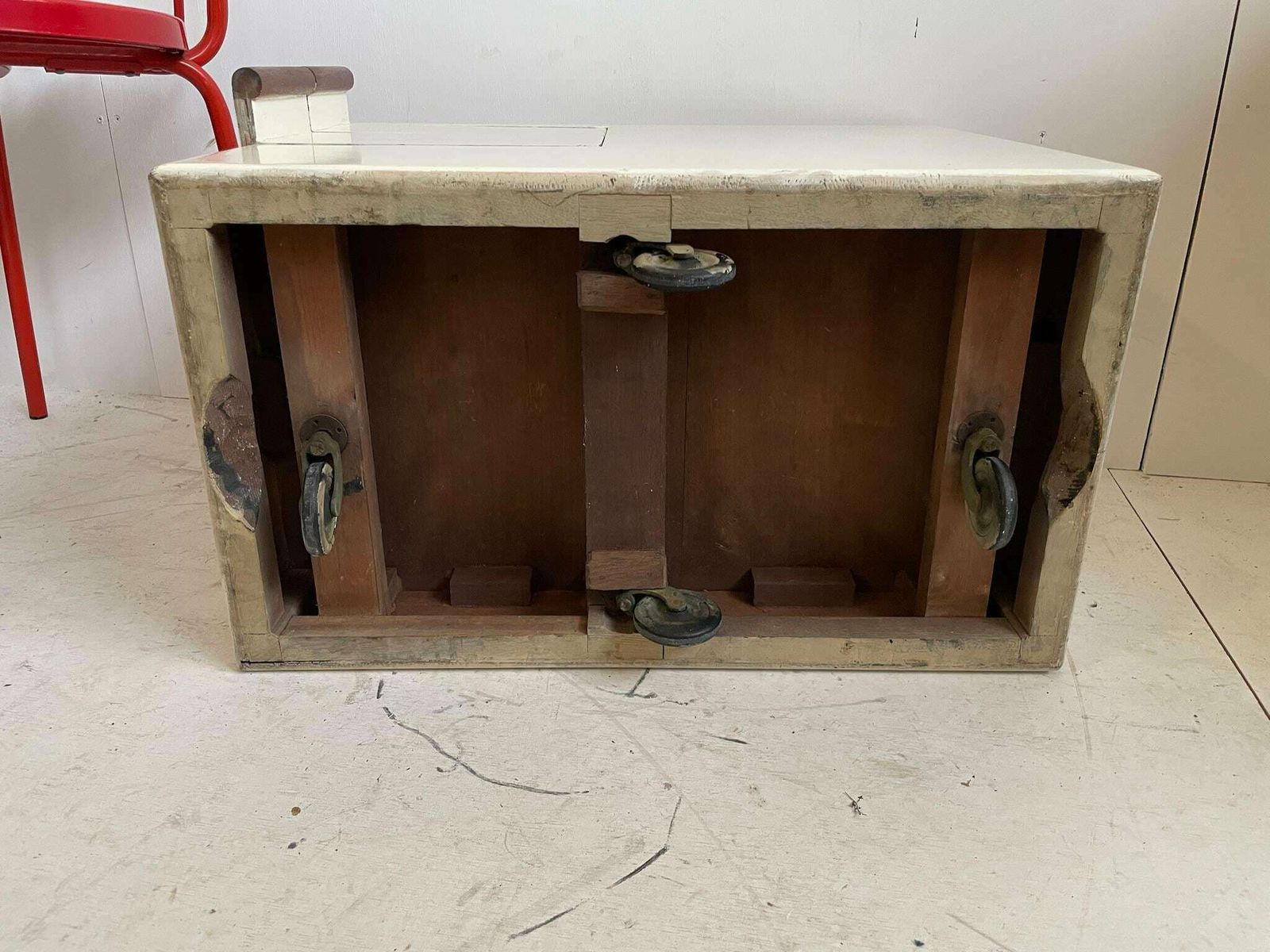 photo for sale Vintage Wooden Modernist Rolling Storage Unit Side Table With Drawers For Craft Arts Or Sewing