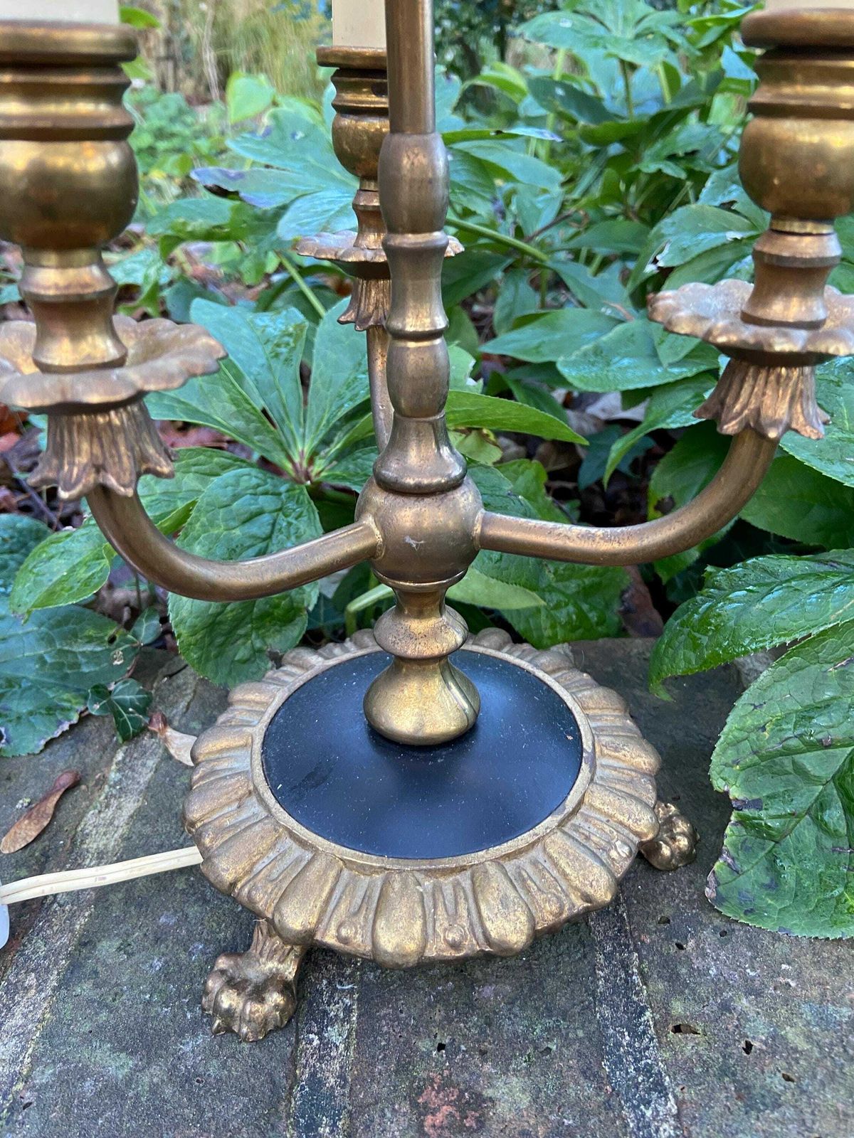 Antique French Bouilotte 3 Armed Brass Office Table Lamp, Heavy Quality, Newer Vintage Shade, Ebony Black Detailed Base With Lion Paw Feet photo for sale
