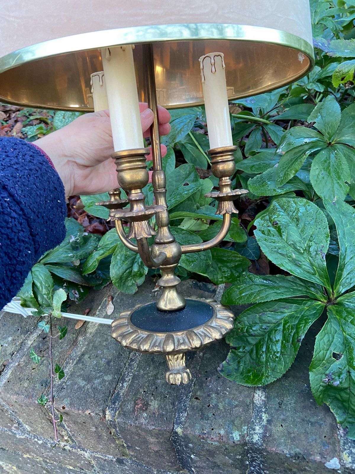 Antique French Bouilotte 3 Armed Brass Office Table Lamp, Heavy Quality, Newer Vintage Shade, Ebony Black Detailed Base With Lion Paw Feet photo Lighting