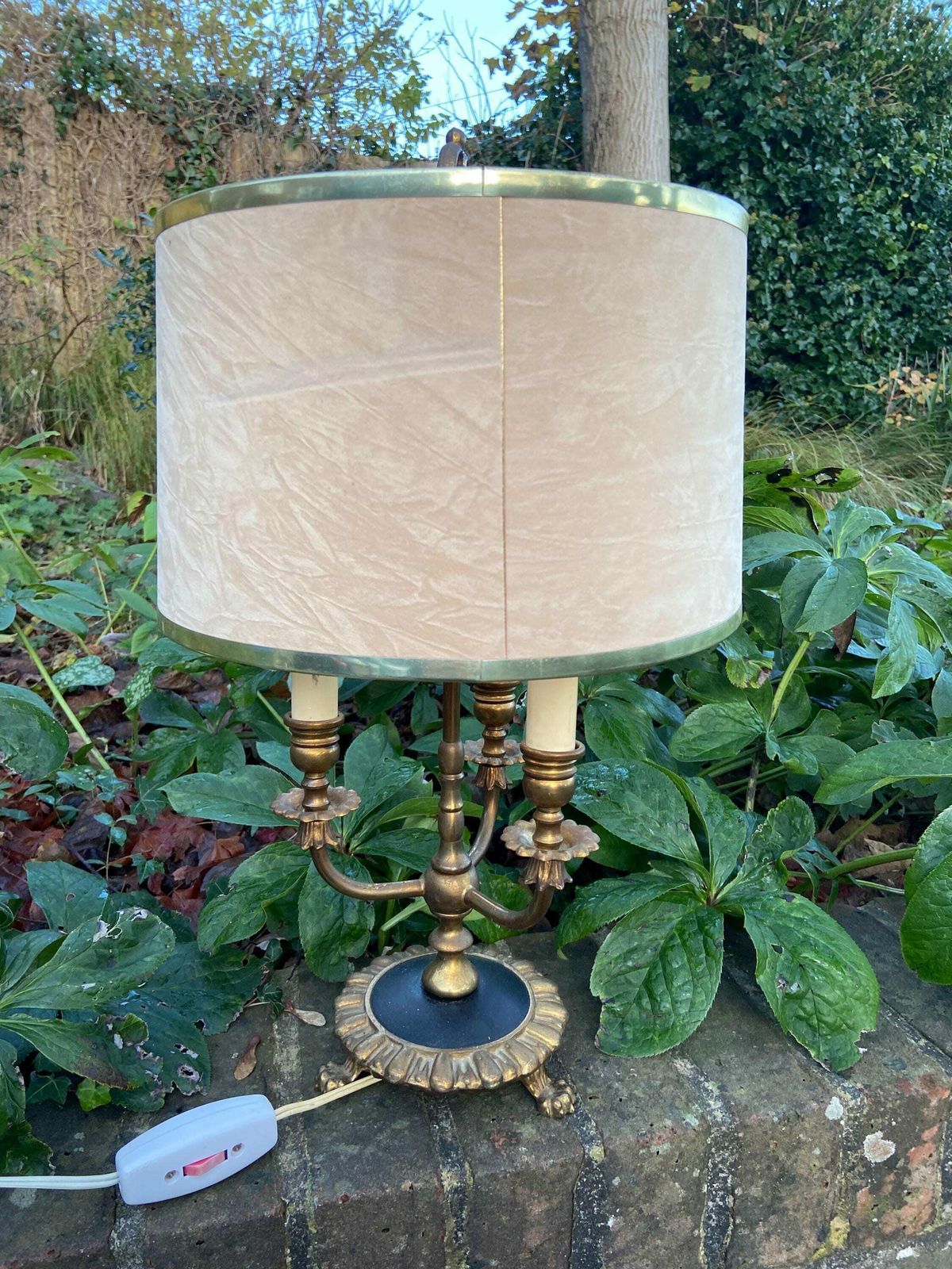 Antique French Bouilotte 3 Armed Brass Office Table Lamp, Heavy Quality, Newer Vintage Shade, Ebony Black Detailed Base With Lion Paw Feet photo buy