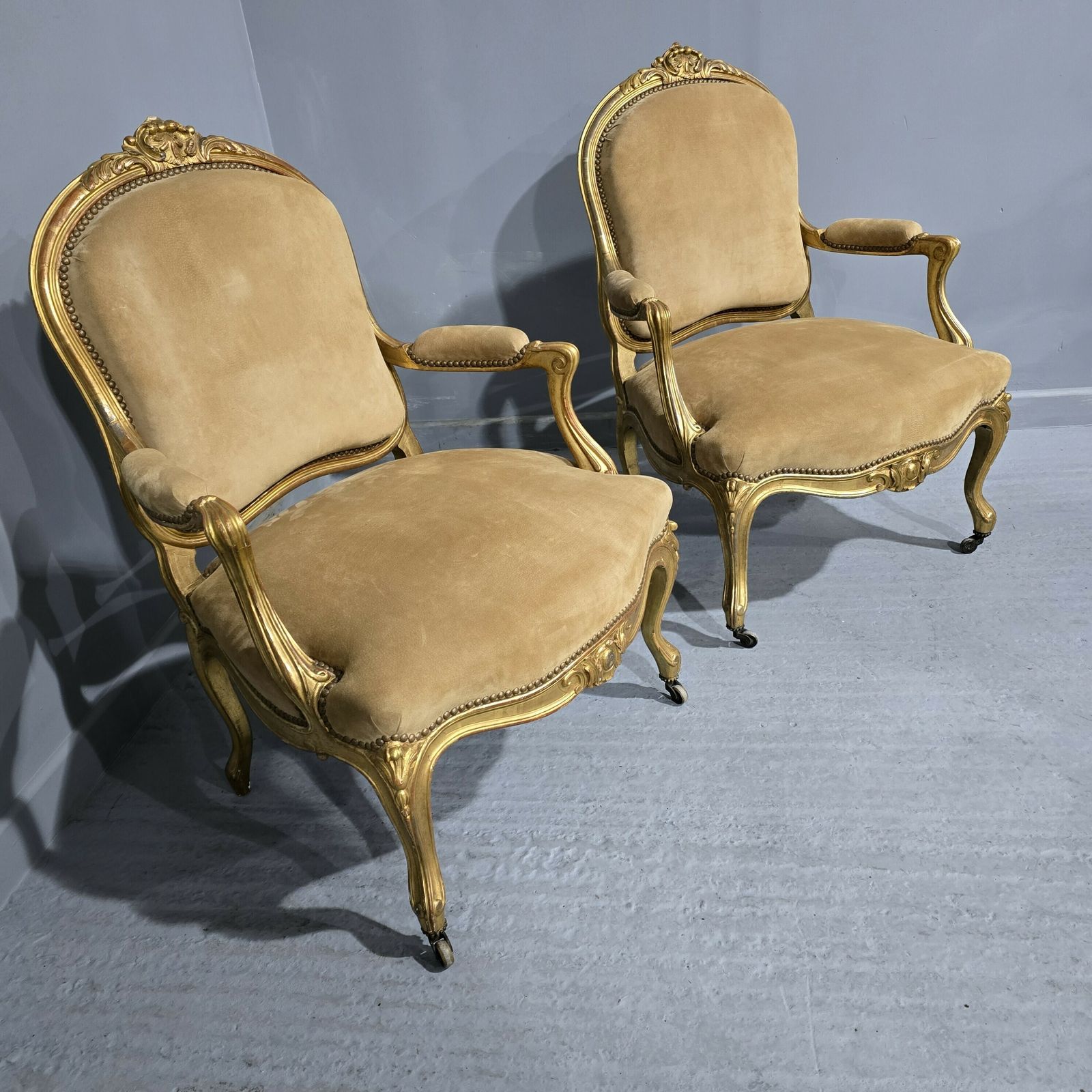 Pair French Gilt Bergere Armchairs photo for sale