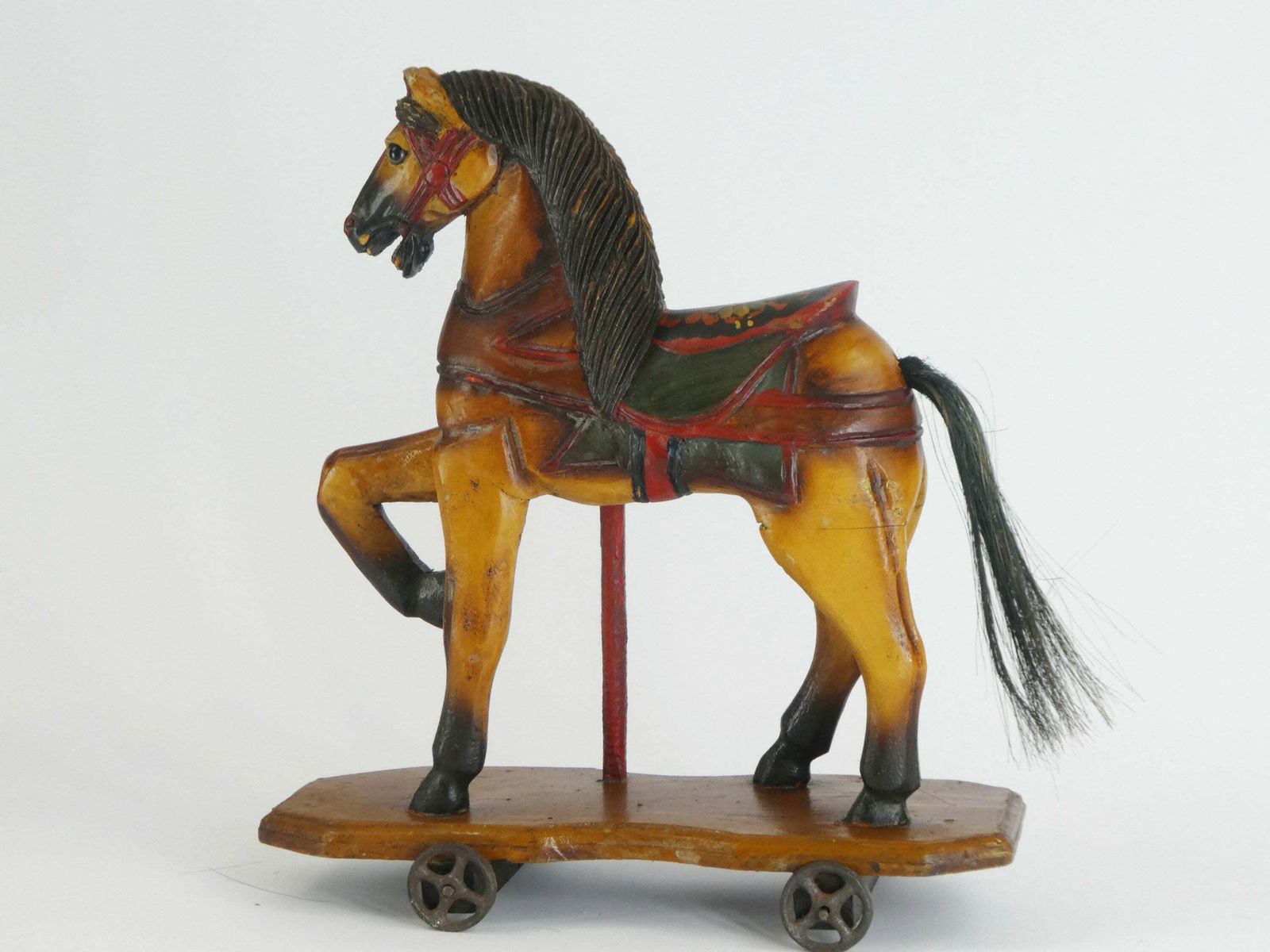 Small Antique Wooden Toy Rocking Horse With Glass Eyes, Old Animal Toy On Wheels With Leather Saddle, Horse Figurine Art Object photo furniture
