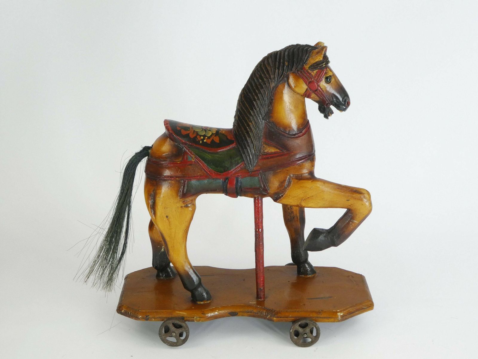 Small Antique Wooden Toy Rocking Horse With Glass Eyes, Old Animal Toy On Wheels With Leather Saddle, Horse Figurine Art Object photo for sale