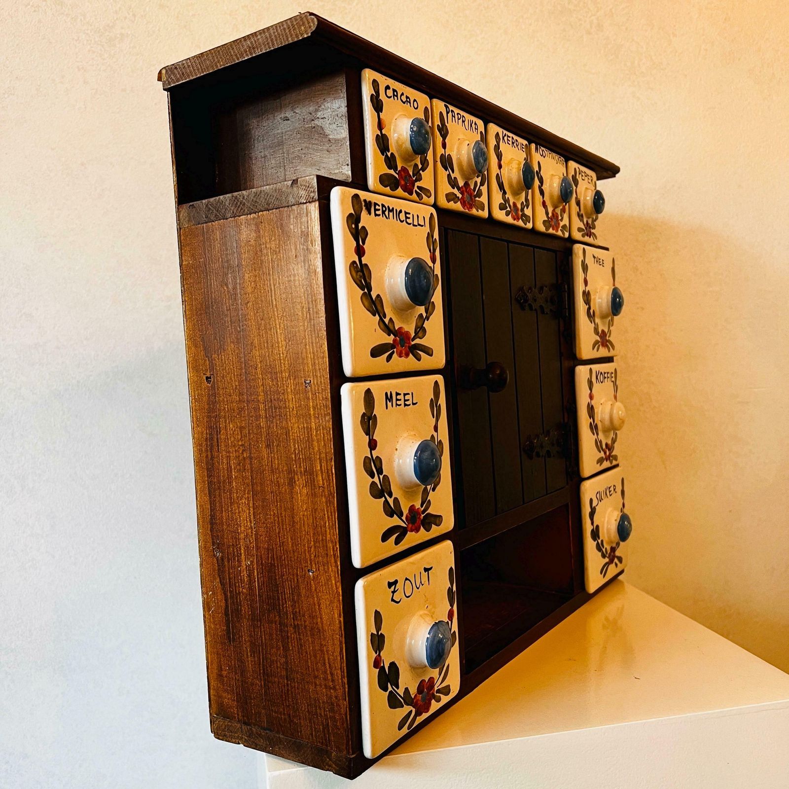 Antique Dutch Wooden Spices Cabinet Blue Ceramic Drawers 1930s Farmers Wall Cabinet Kitchen Country Style Art Deco photo for sale