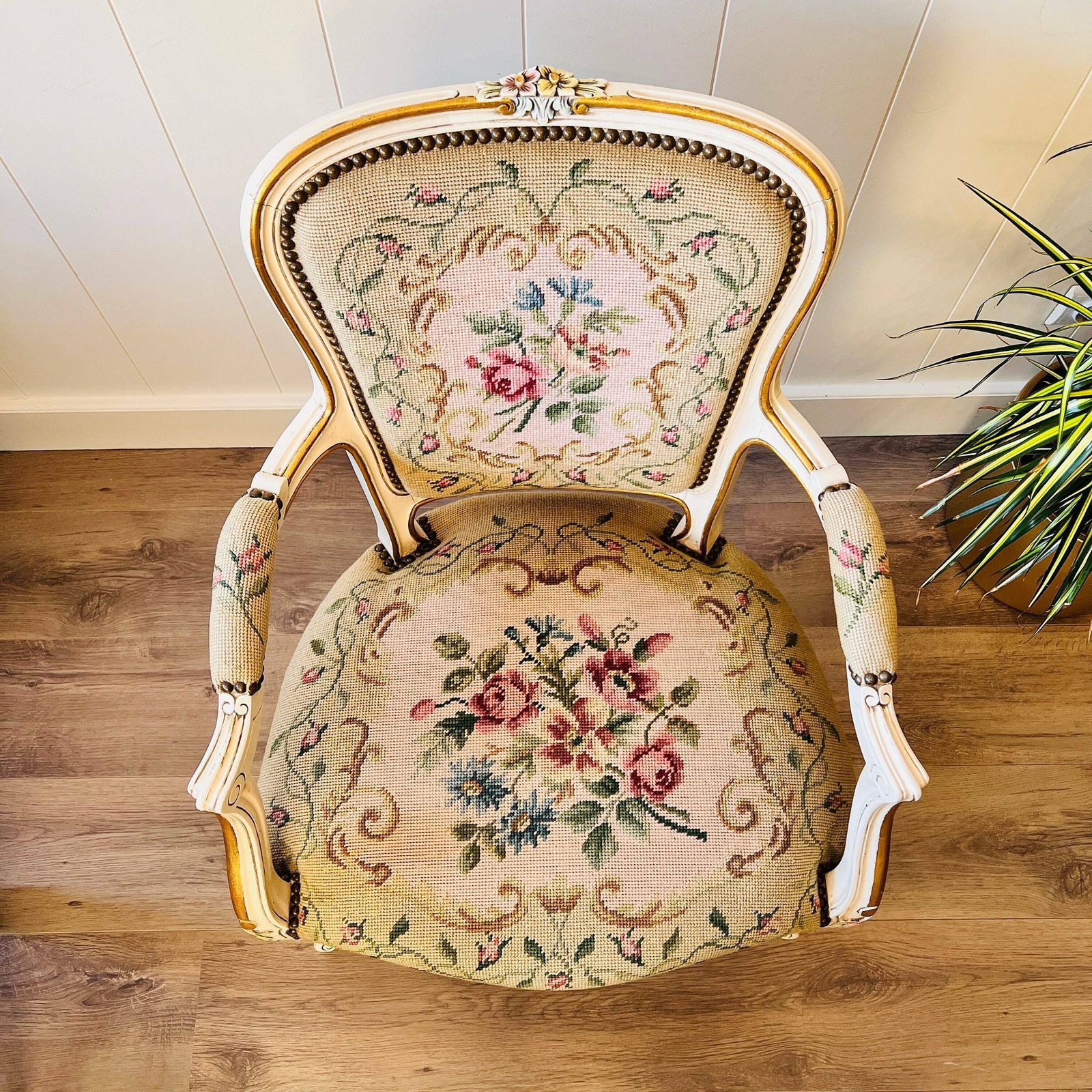 Antique French Louis XV Style Armchair. Circa 1920. Gold Details Tapestry Chair photo for sale