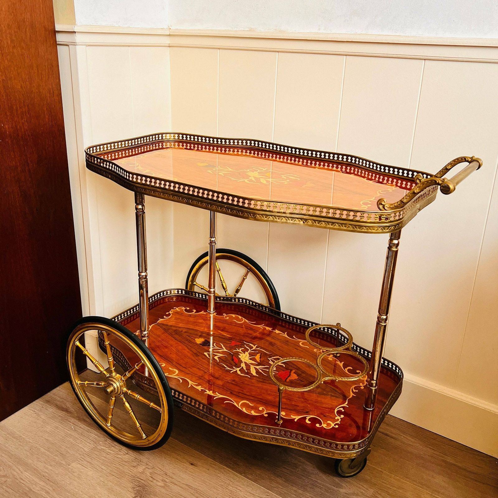 Elegant Hollywood Regency Vintage Bar Cart Featuring Italian Marquetry Inlay 1960s