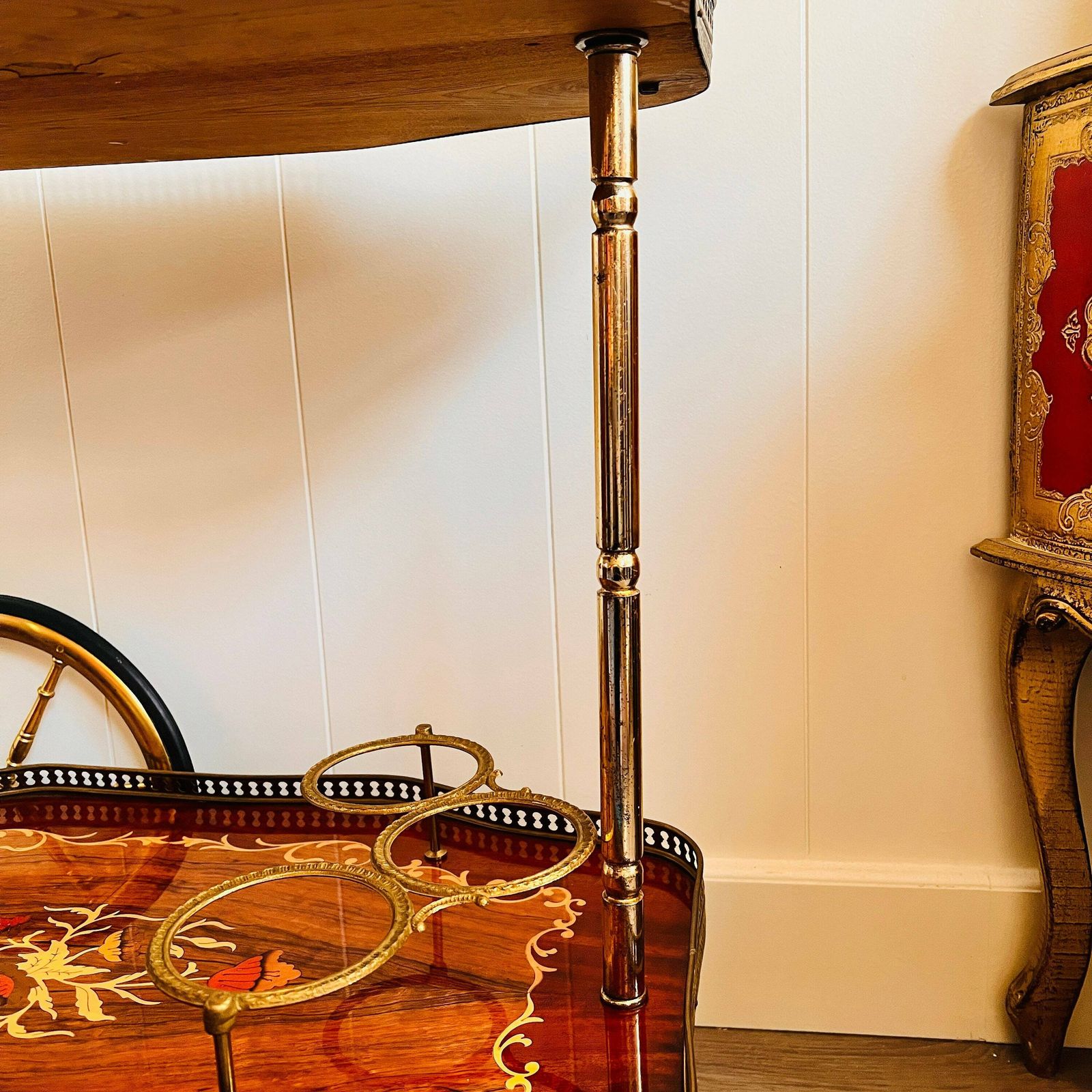 Elegant Hollywood Regency Vintage Bar Cart Featuring Italian Marquetry Inlay 1960s photo Furniture