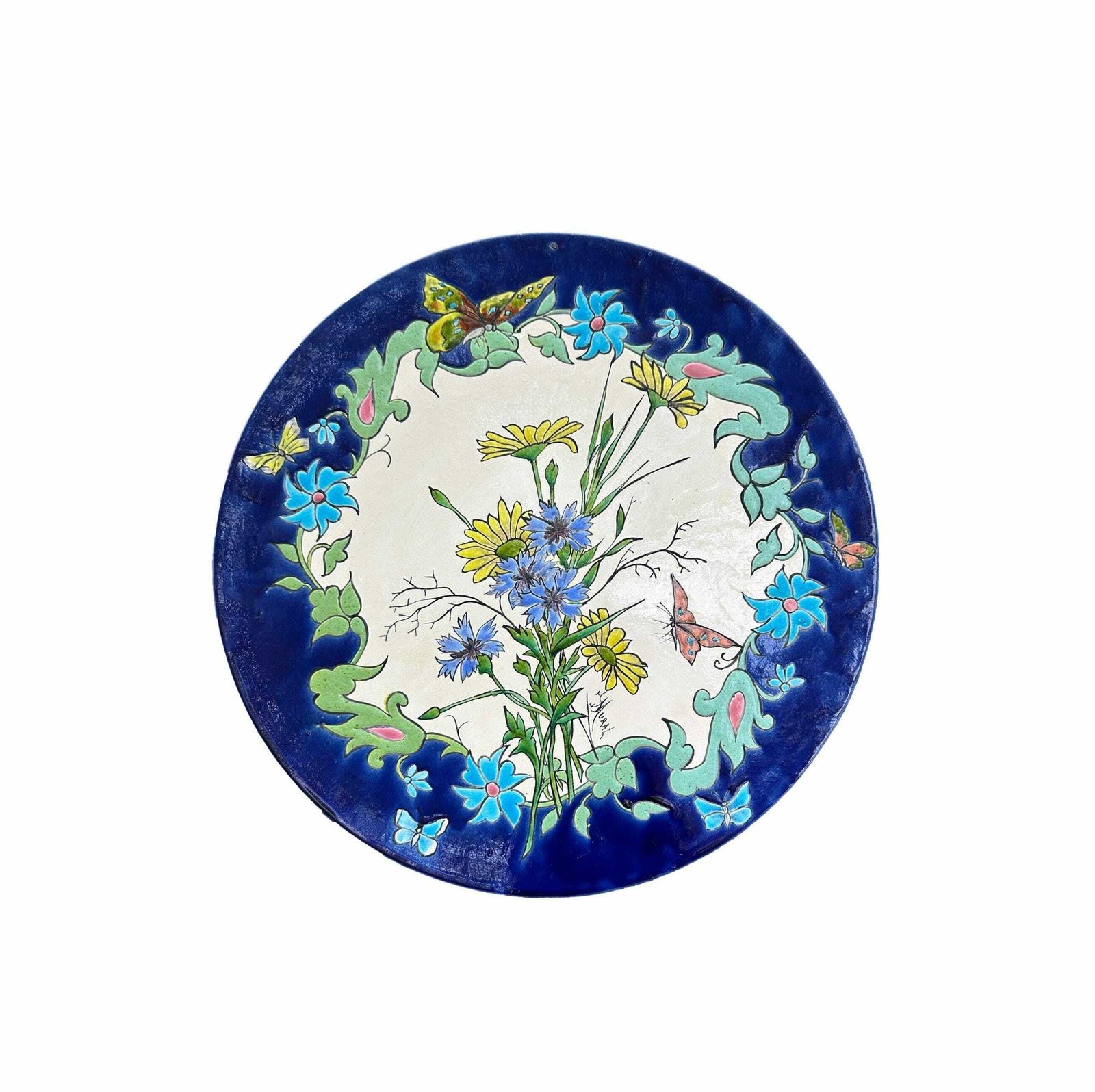 Large Longchamp Art Nouveau Majolica Dish With Floral Decor 20th Signed Murat