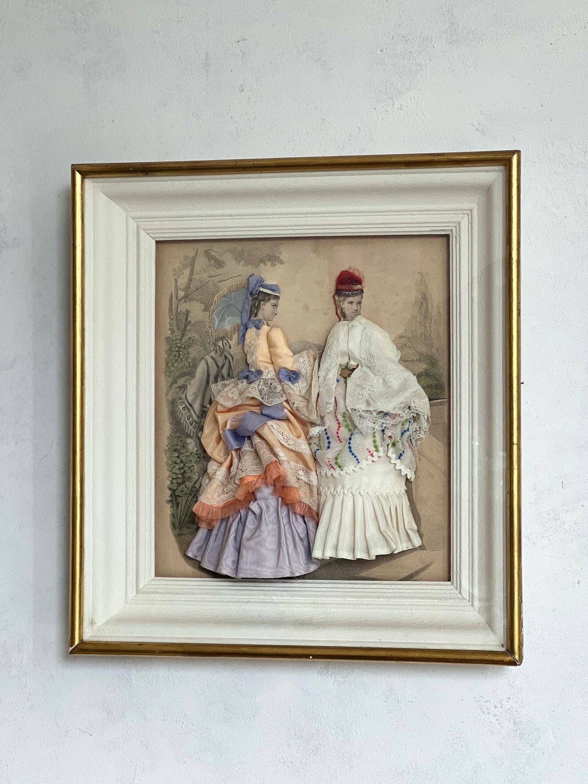 Victorian 3d Shadow Box With Vintage French Ladies Print Decorative Fabric And La Mode Illustree Paris Dress Fashion Design photo furniture