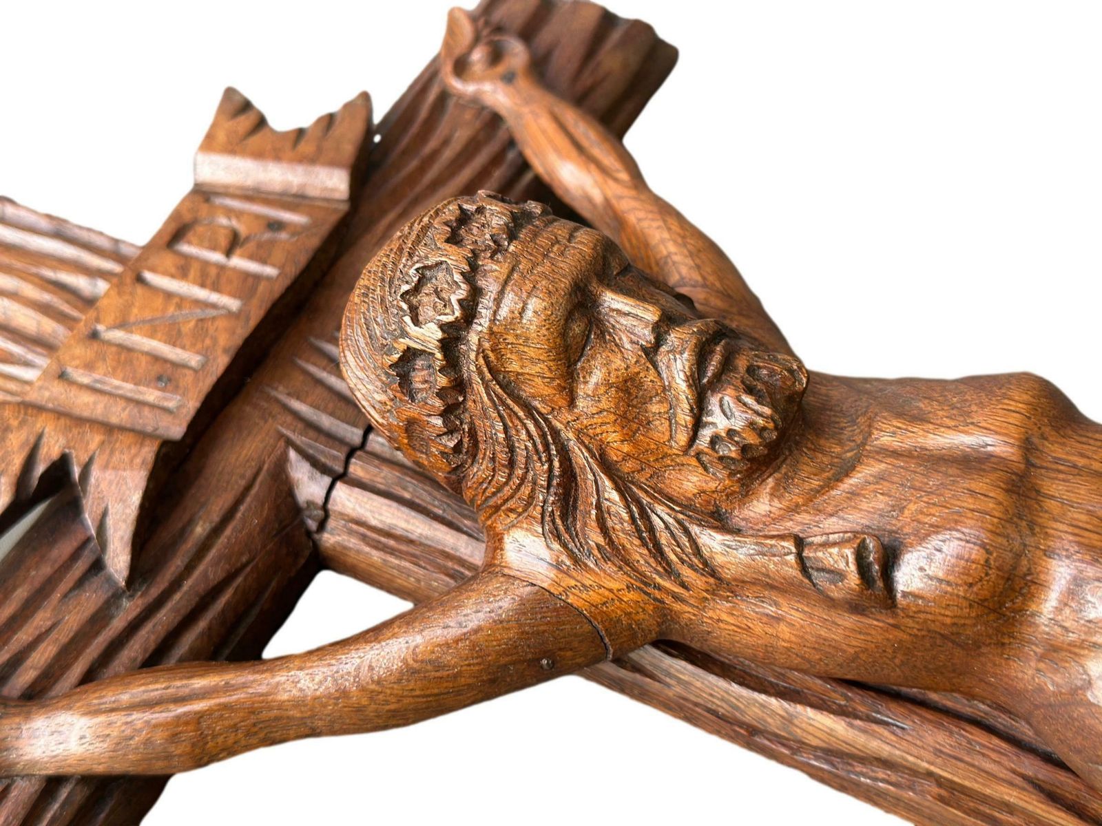 Large Hand Carved Wood Wall Cross   Folk Art   Altar Wooden Crucifix   Wood Jesus Corpus Statue photo 342.0