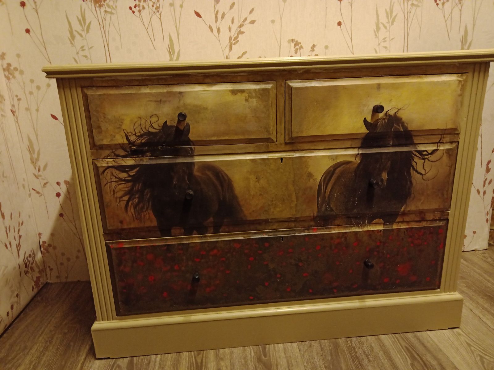 photo furniture Hand Painted Plus Decoupage Vintage Chest With 2 Beautiful Wild Horses In Poppy Field