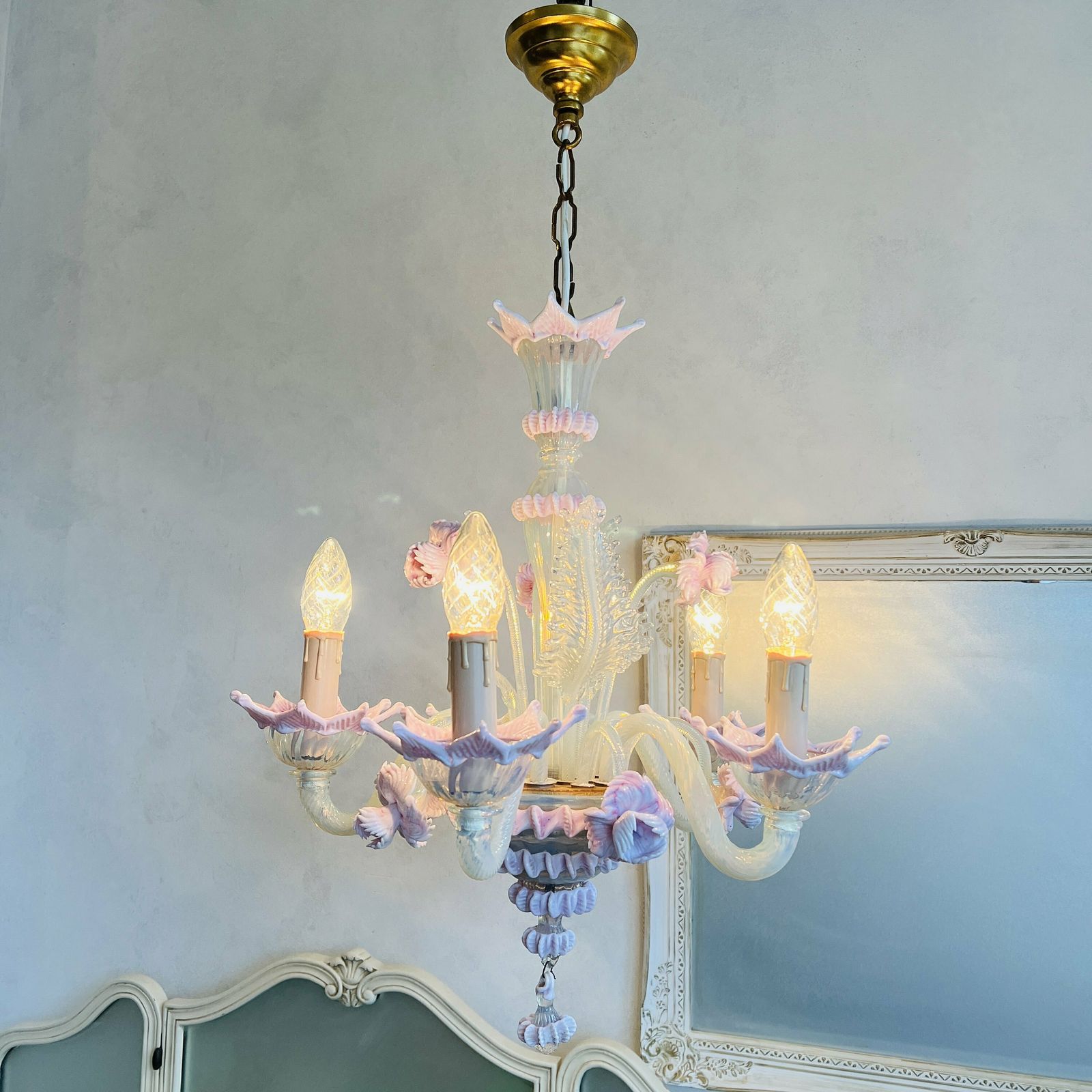 Vintage Pink Murano Chandelier, Murano Venetian Hand Blown Light, Pink Clear Glass Flowers Floral Hand Made Light 1950 Italian photo Lighting