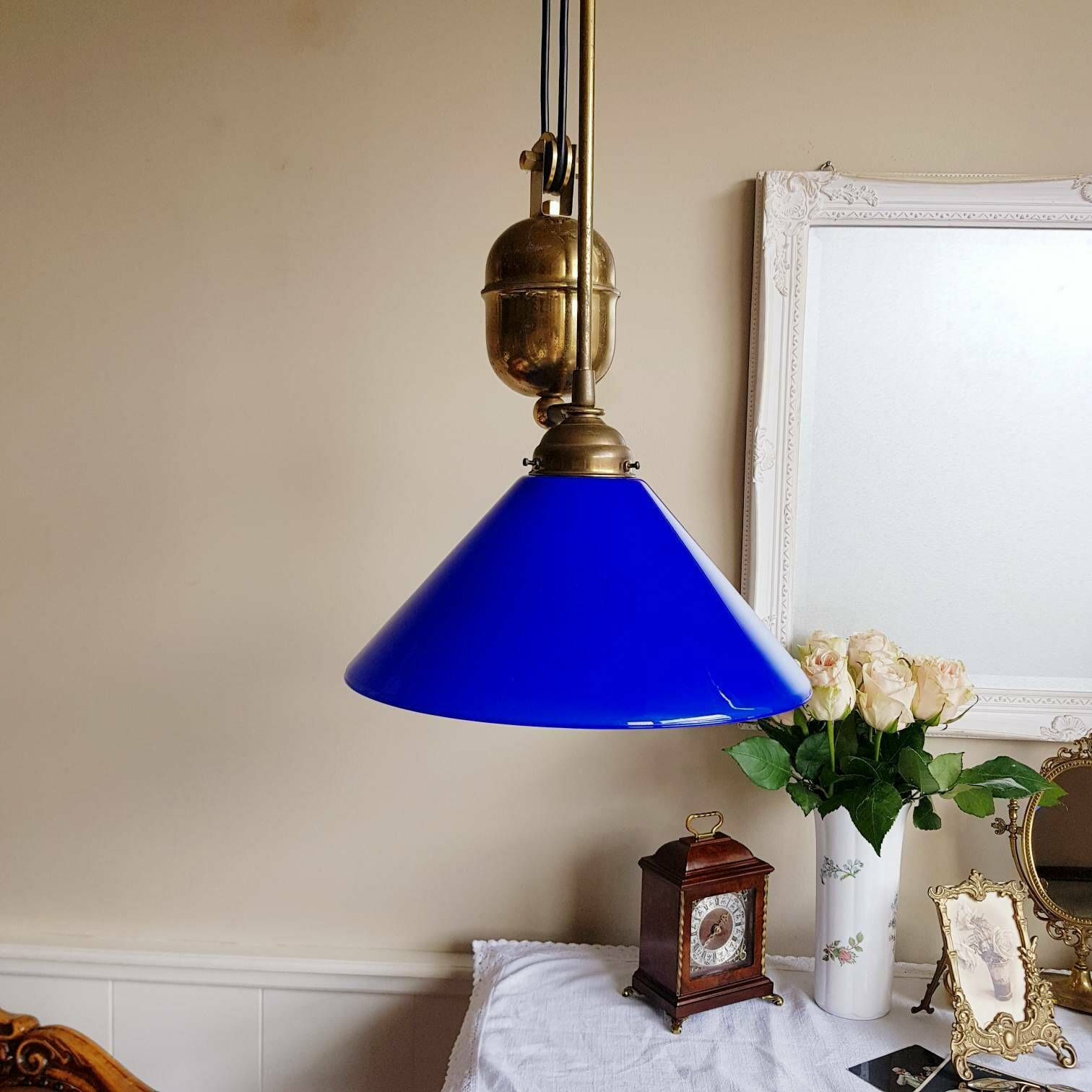 Vintage Blauwe Hanglamp Met Treksysteem, Ca. Jaren 1960
