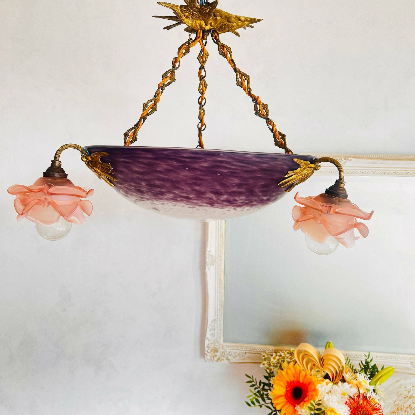 Antique Purple Chandelier French Pendant Lamp With 4 Bulbs Light Vintage Home Lighting photo vinterior