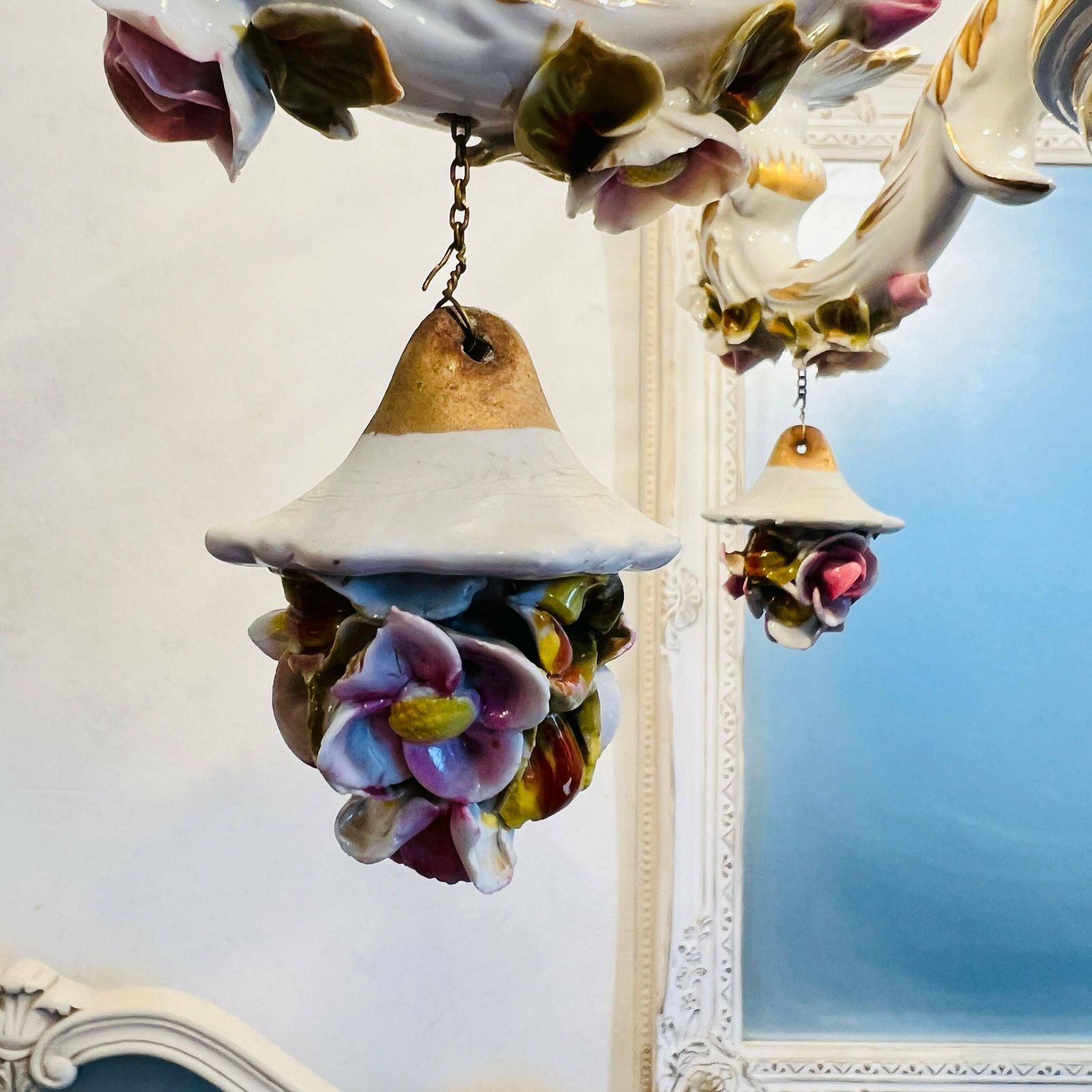 Porseleinen Kroonluchter, Capodimonte Stijl, Kleine Roze Rozen, 5 Armen photo buy