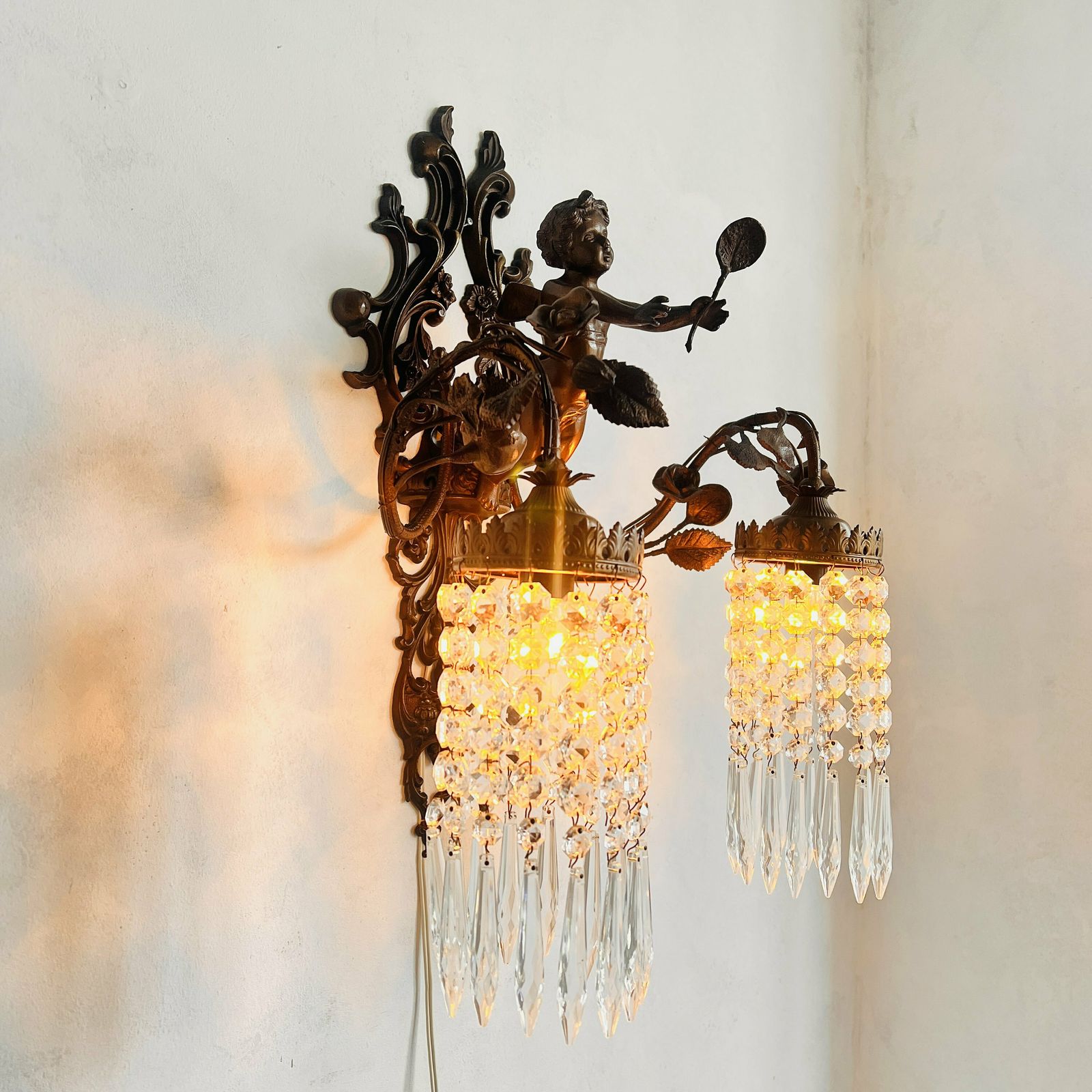 Unique French Cherub/Putti Wall Sconce 2 Arms, Crystals Lampshade, Pendant Light, Home Lighting, Hanging Lamp, Interior Design photo Lighting