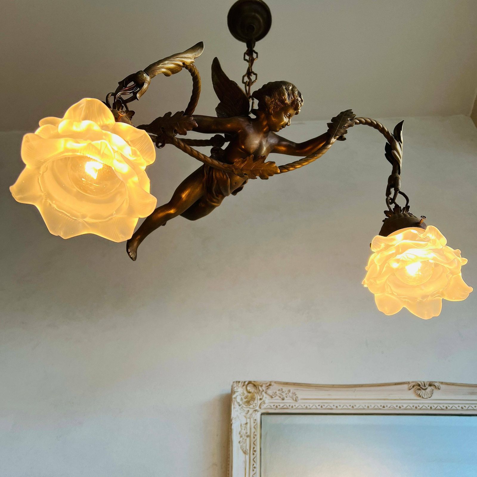 Vintage French Big Bronze Angel/Cherub/Putti Pendant Lamp With Frosted Glass Lampshade photo for sale