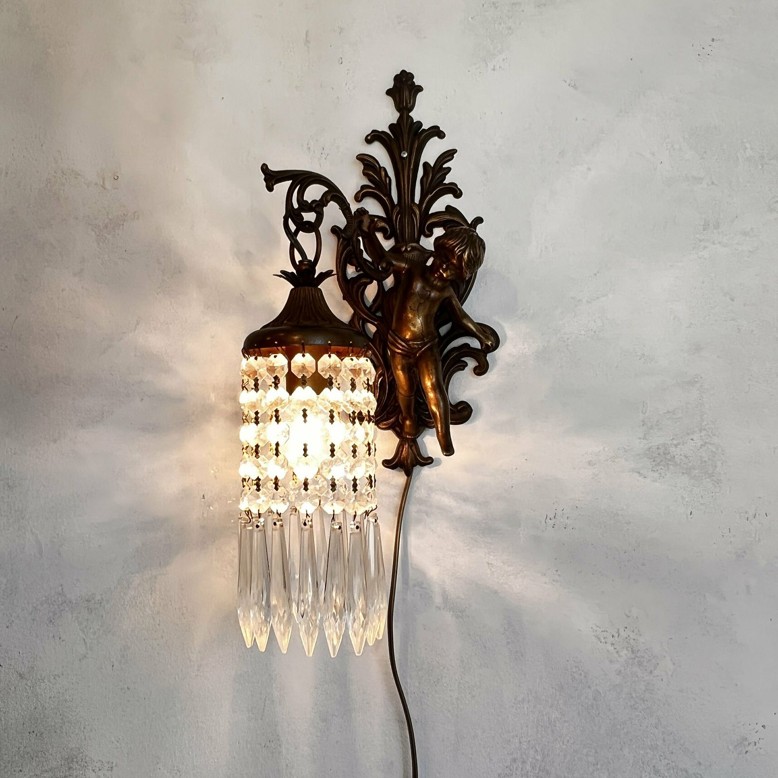 Unique French Cherub/Putti/Angel Wall Sconce, Crystals Lampshade, Home Lighting, Interior Design photo furniture