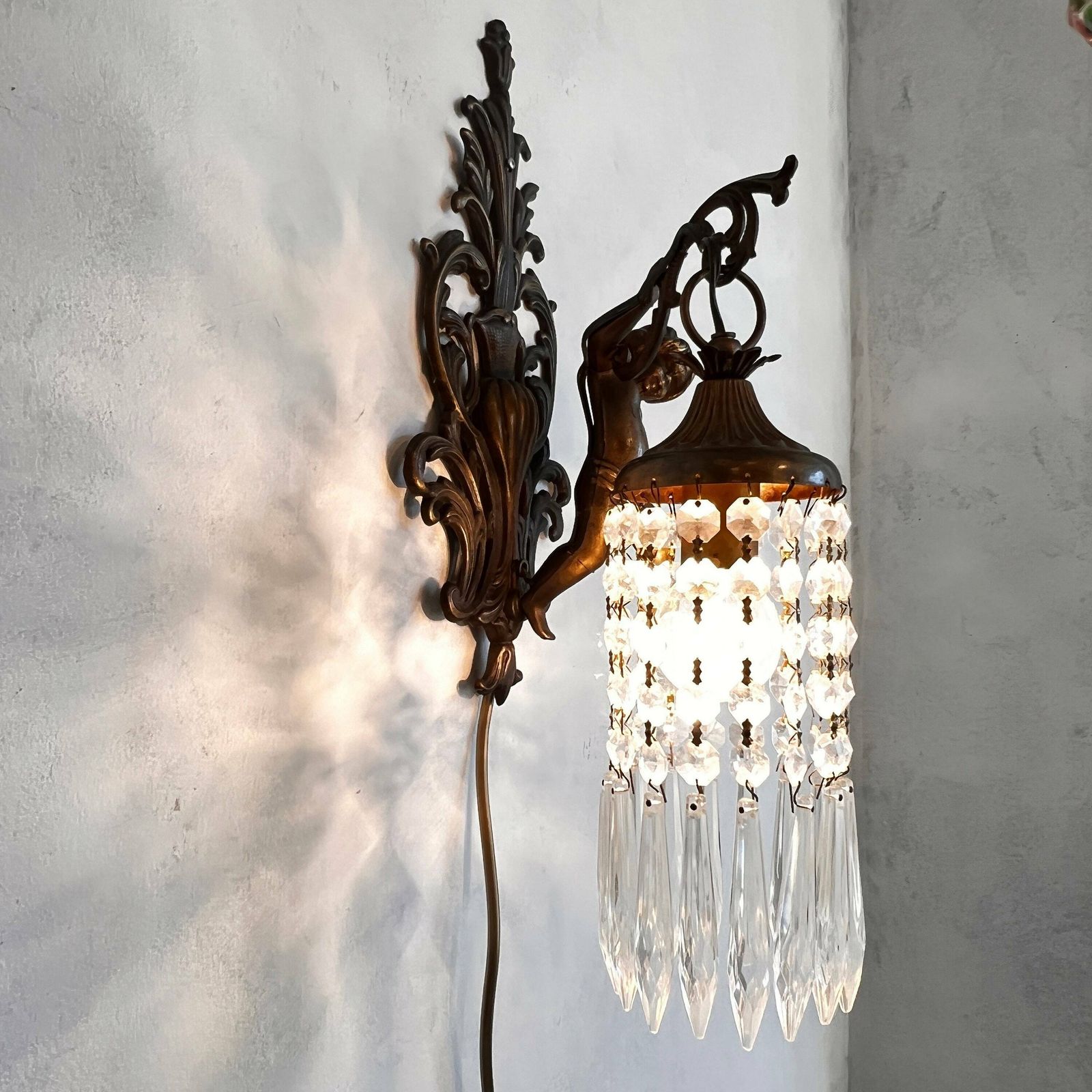 Unique French Cherub/Putti/Angel Wall Sconce, Crystals Lampshade, Home Lighting, Interior Design photo Lighting