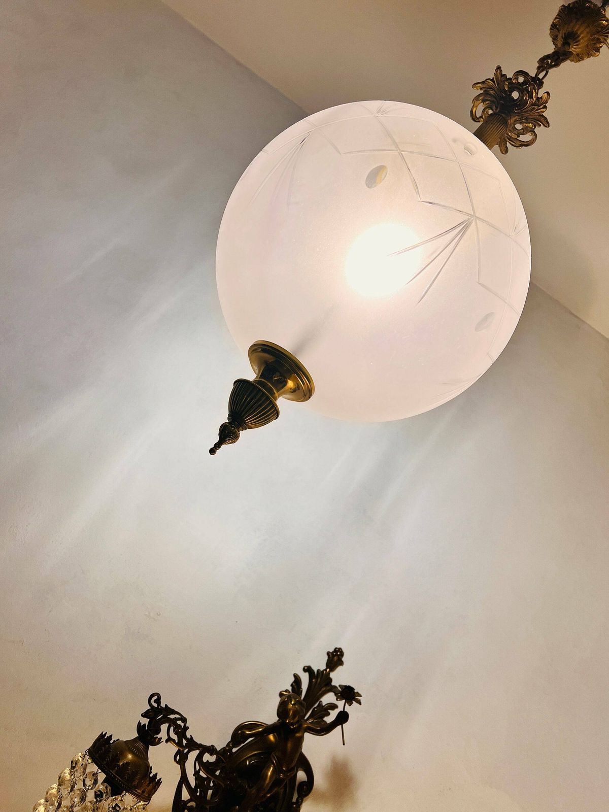 Pair Of Spheres Art Nouveau Frosted Glass Ceiling Lights Lamps, Lantern Style Hanging Lamps photo for sale