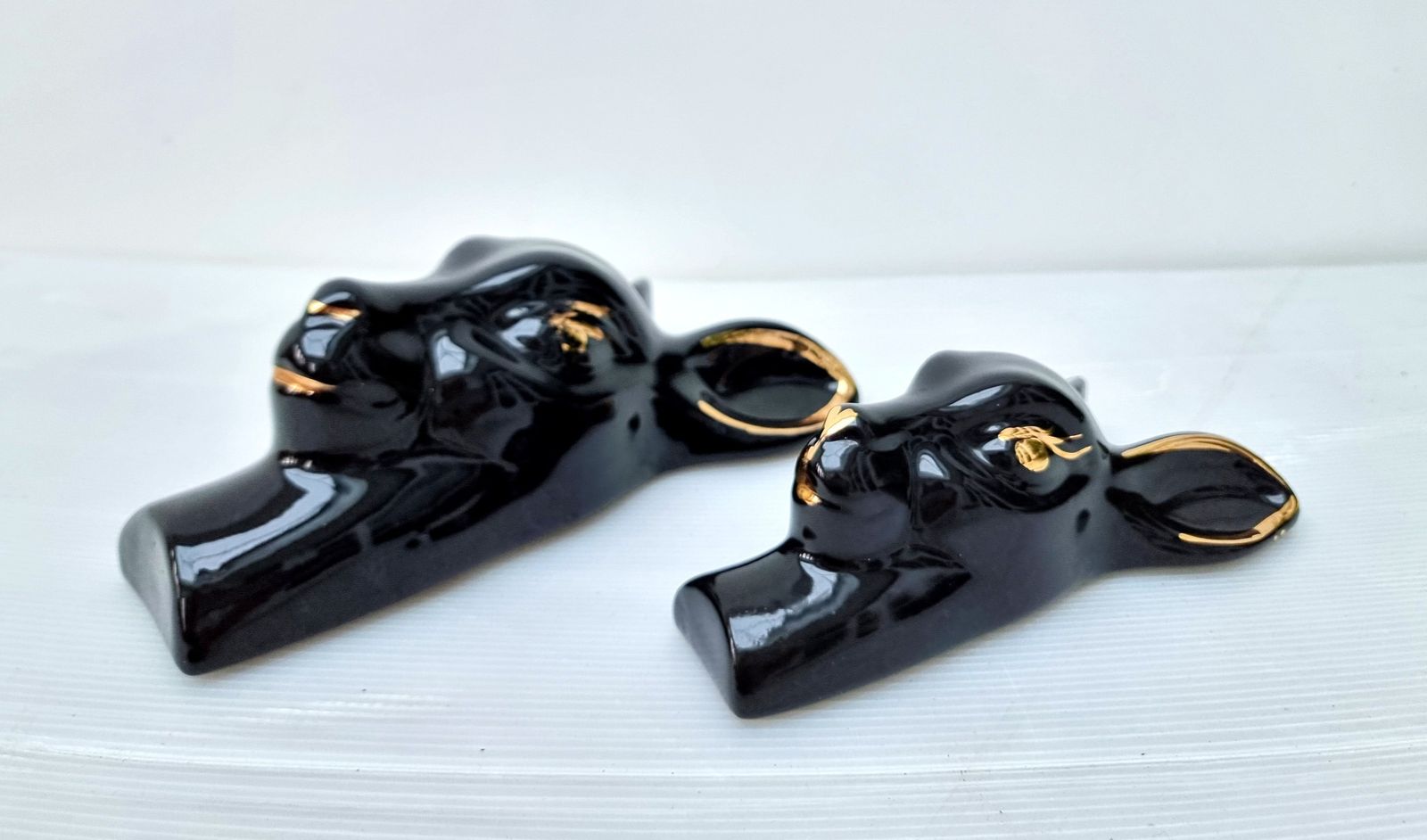 Pair Of Deers Head Wall Vase Pocket Sconces Black Gold Modernist / Mid Century photo for sale