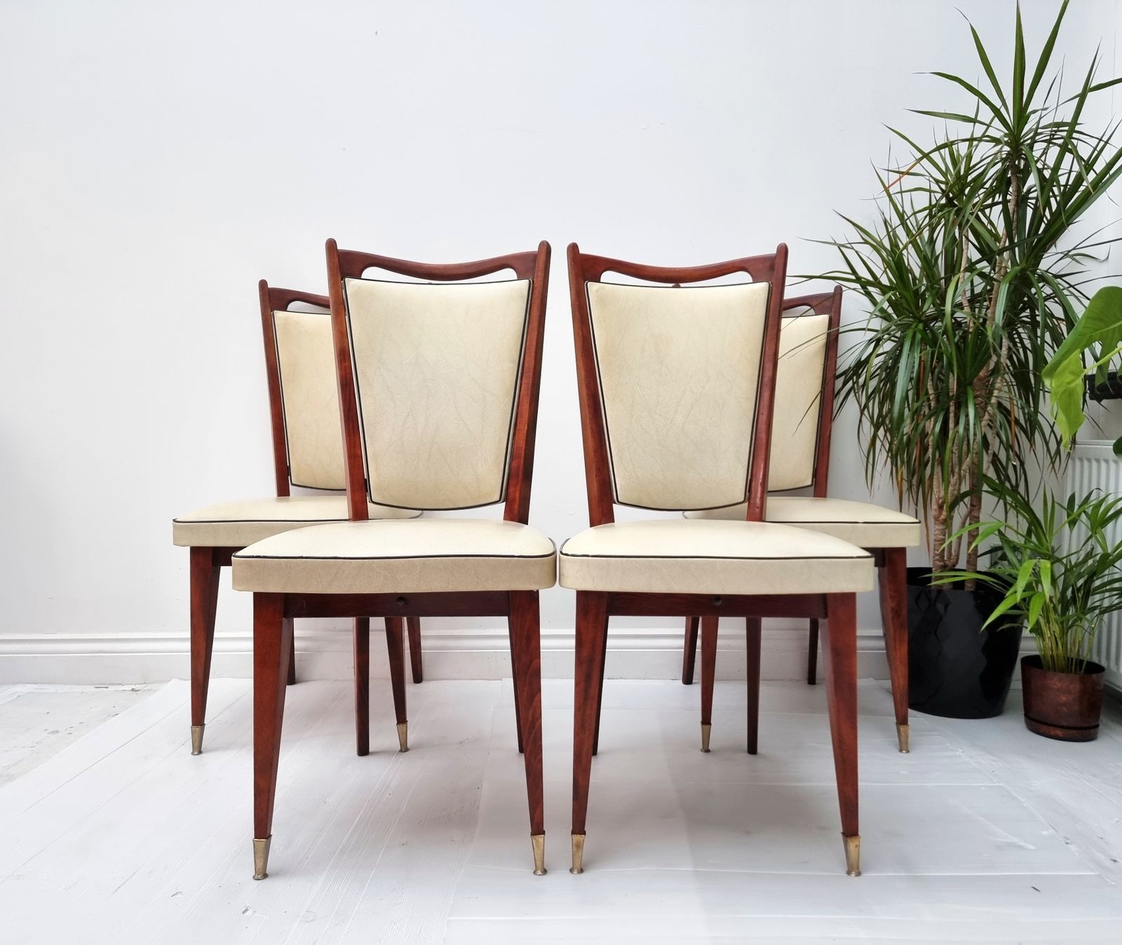 French Art Deco Dining Chairs Beech Vinyl  Mid Century Set Of 4