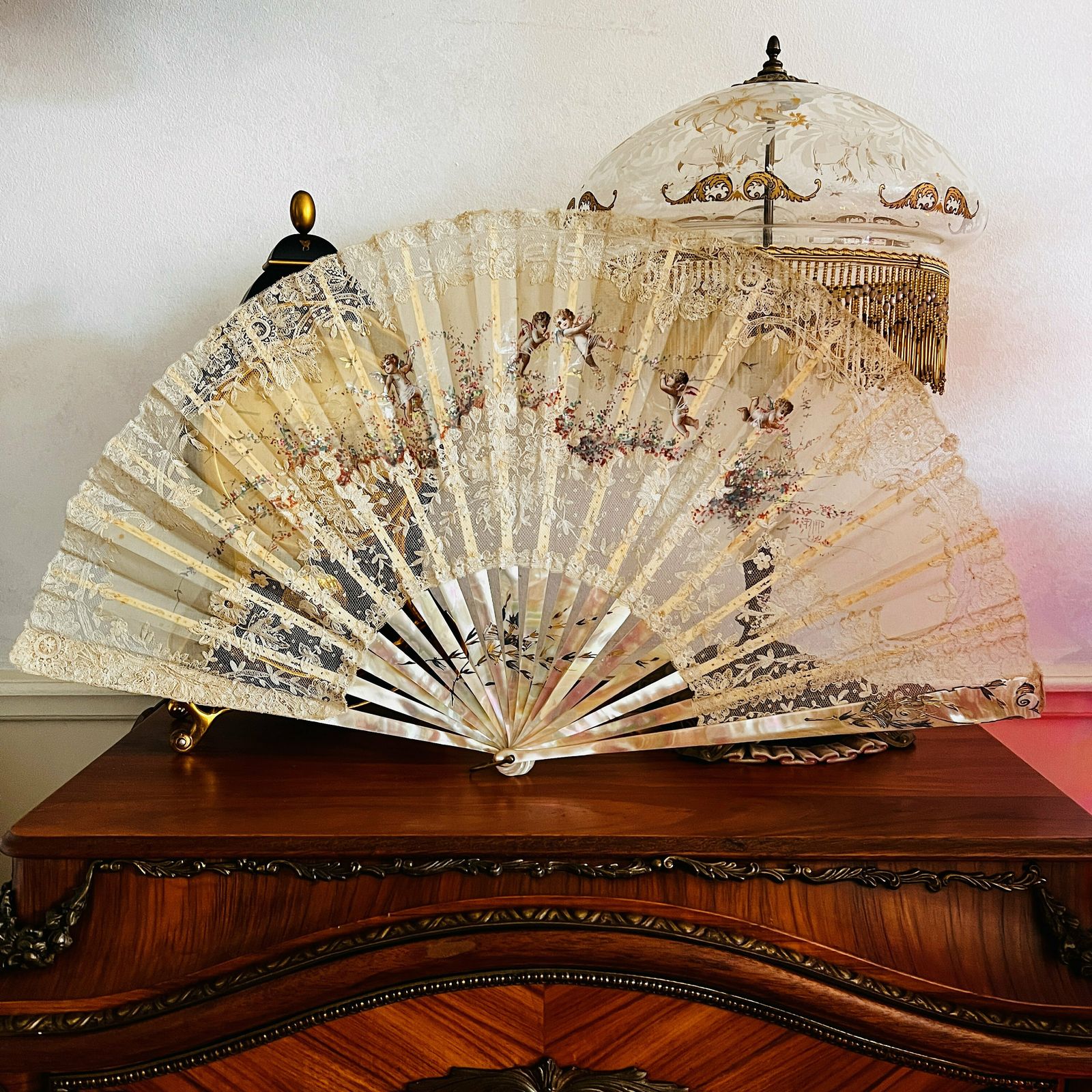 Rare 19th Century Faucon Paris France Hand Painted Fan With Cherubs   Antique Treasure photo furniture