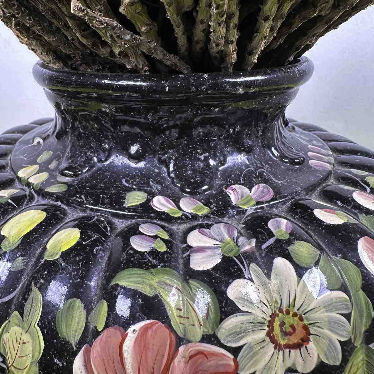 Black Bassano Ceramic Vase With Hand Painted Decorations Enriched By Artisanal Composition photo for sale